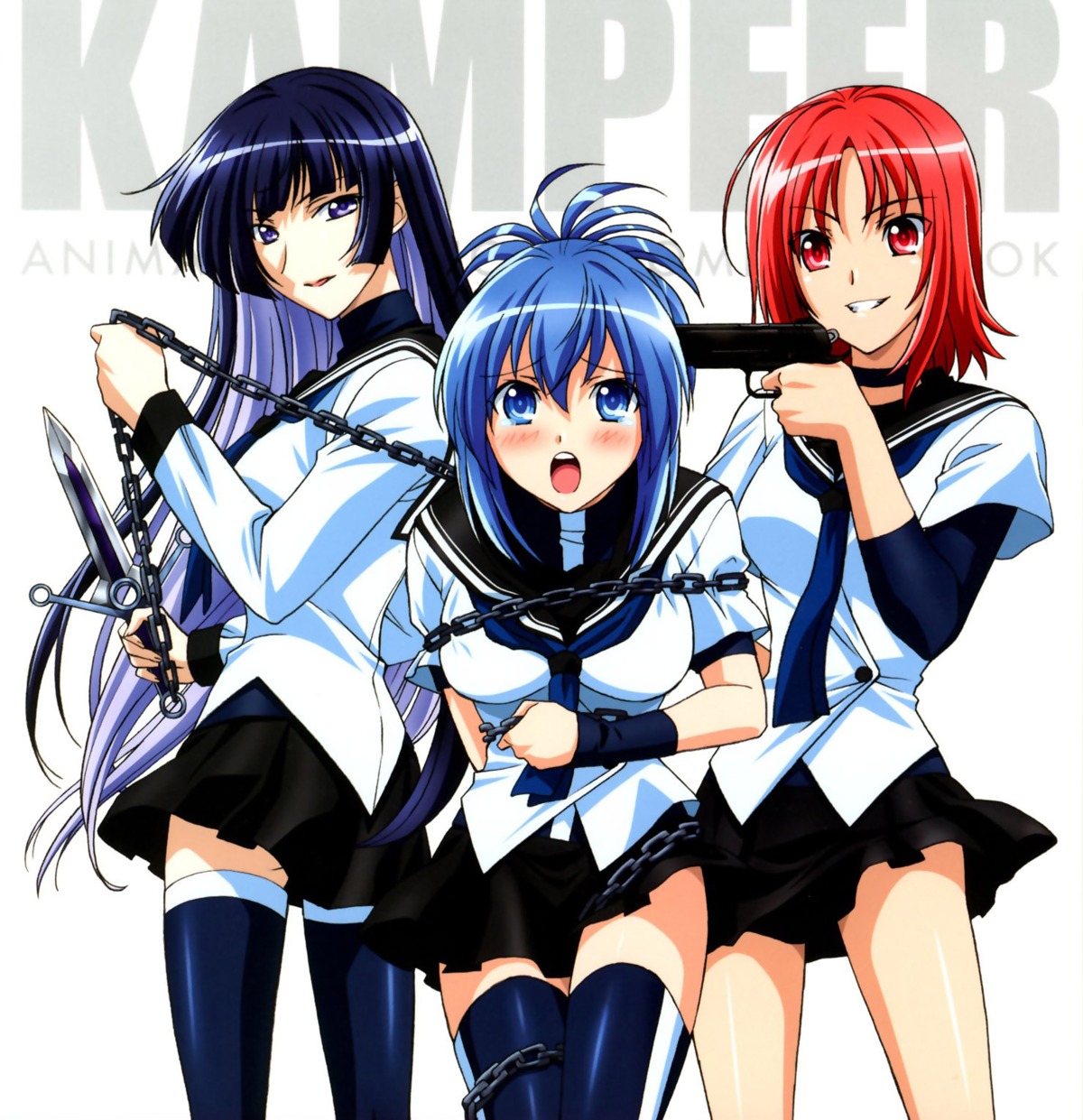 genderswap, gun, kämpfer, mishima_akane, sangou_shizuku, seifuku, senou_natsuru, thighhighs