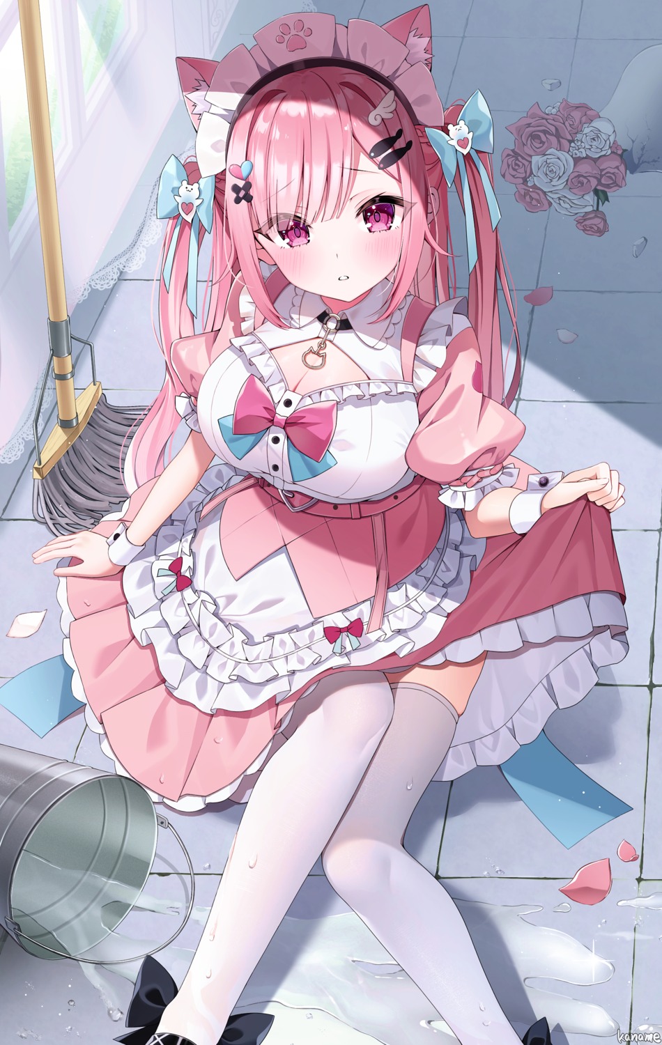 animal_ears, cleavage, indie_virtual_youtuber, maid, mia_(mk2022), nekomimi, skirt_lift, thighhighs, wet, yuuki_sakuna