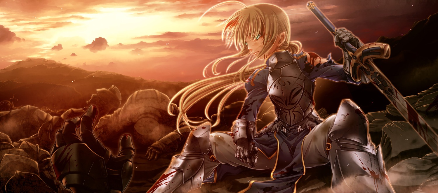 armor, artoria_pendragon_(fate), blood, fate/stay_night, landscape, sword, uraomote