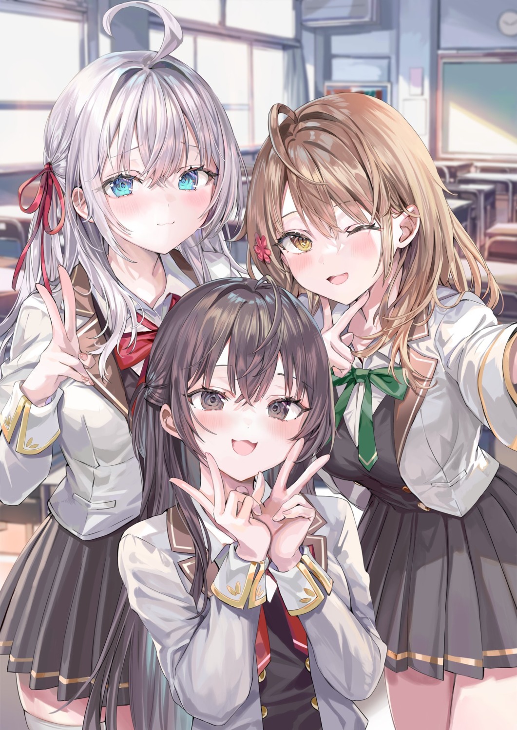 alisa_mikhailovna_kujou, mariya_mikhailovna_kujou, momoko_(momopoco), seifuku, selfie, suou_yuki, thighhighs, tokidoki_bosotto_russia-go_de_dereru_tonari_no_alya-san