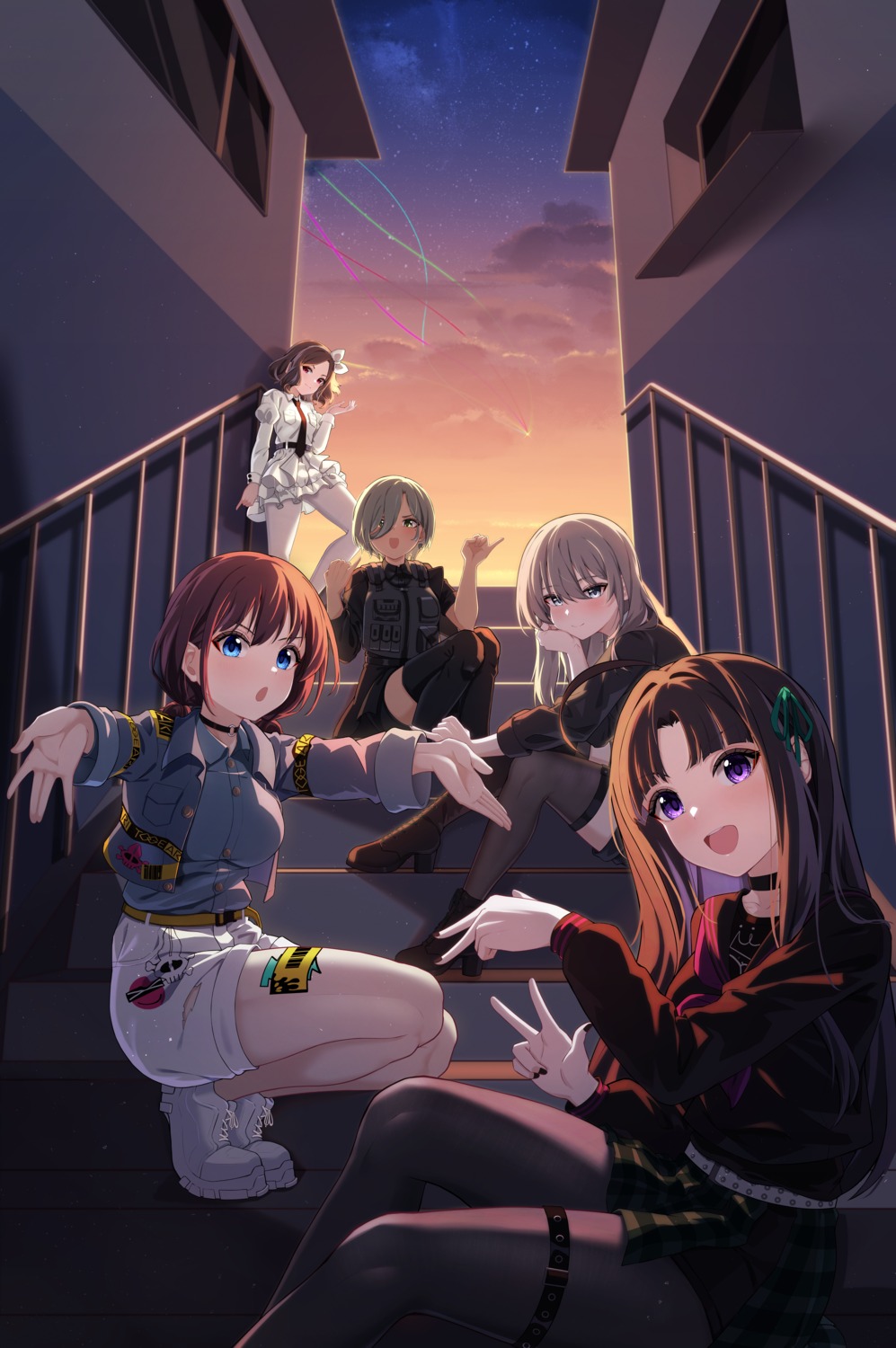 awa_subaru, dress, ebizuka_tomo, garter, girls_band_cry, heels, iseri_nina, kawaragi_momoka