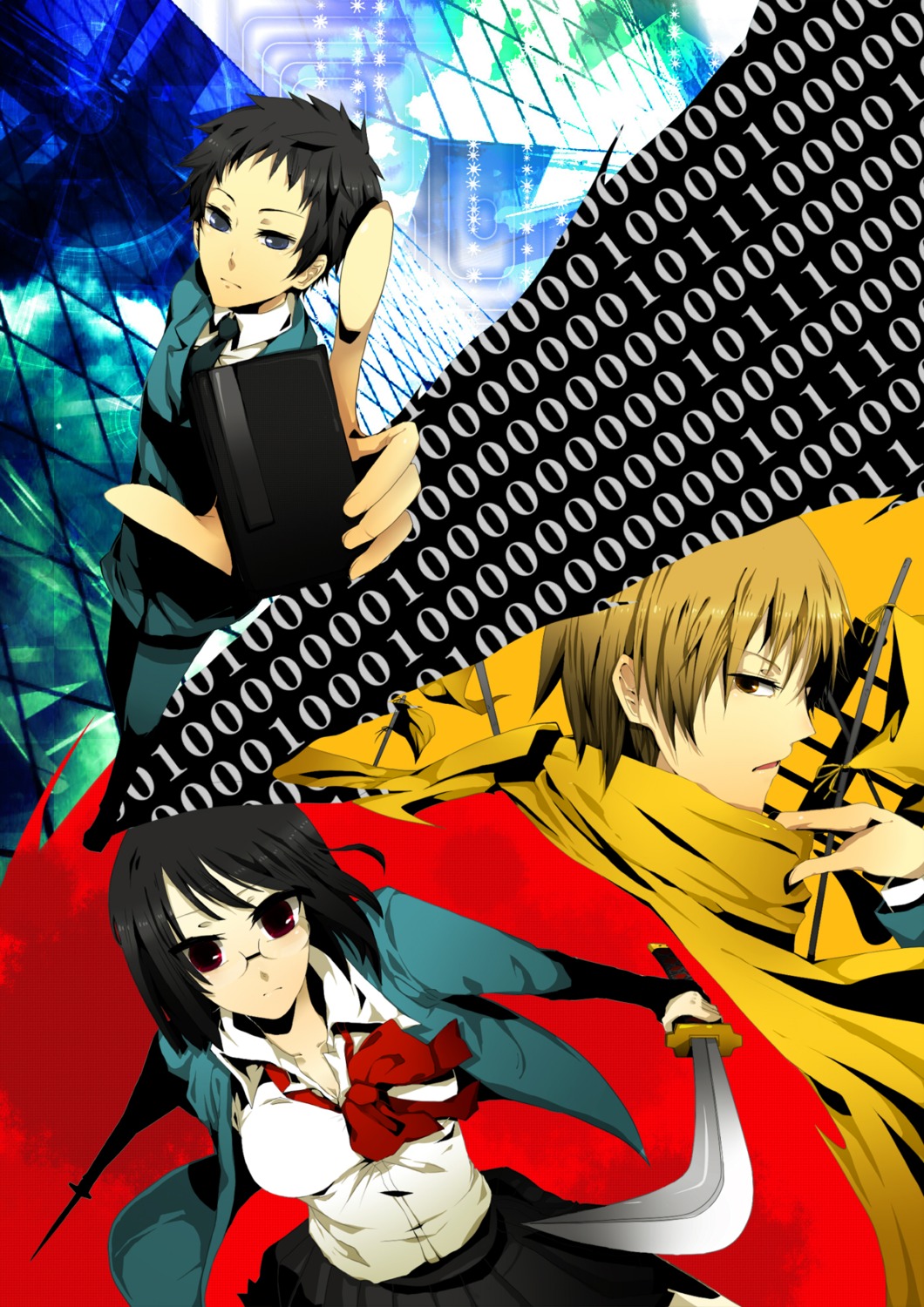 durarara!!, fujikichi, kida_masaomi, megane, ryuugamine_mikado, seifuku, sonohara_anri, sword