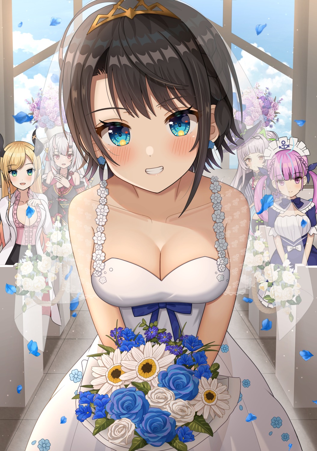 dress, hisui_(user_zvkr2432), hololive, horns, japanese_clothes, maid, minato_aqua, murasaki_shion, nakiri_ayame, oozora_subaru, open_shirt, pointy_ears, wedding_dress, witch, yuzuki_choco