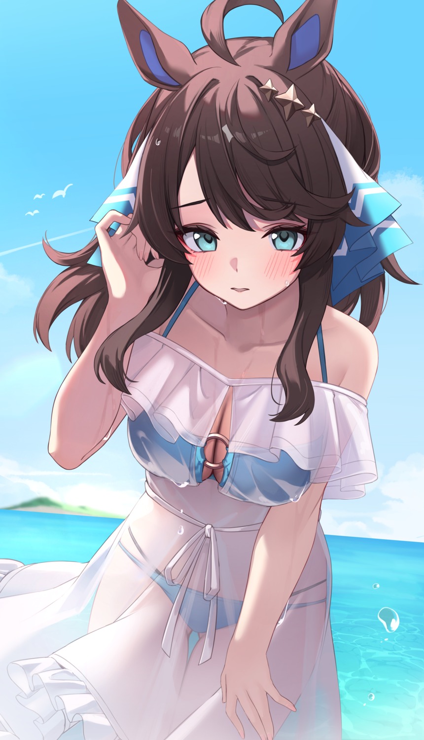 animal_ears, bikini, daring_tact_(umamusume), dress, noa0319, see_through, skirt_lift, summer_dress, swimsuits, uma_musume_pretty_derby, wet_clothes