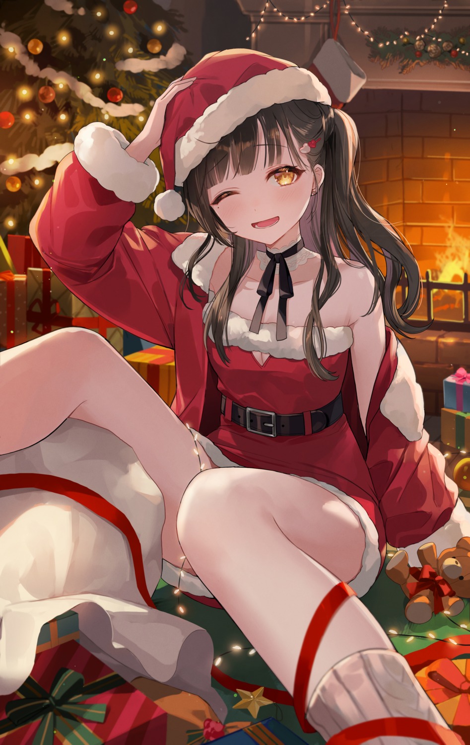 christmas, dress, nima_(niru54), no_bra, skirt_lift