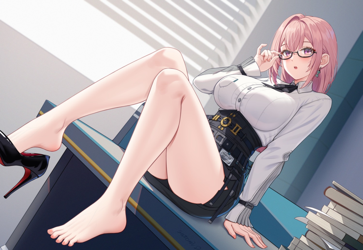 dress_shirt, heels, megane, satomi_(745684552), skirt_lift, tsukishiro_yanagi, zenless_zone_zero