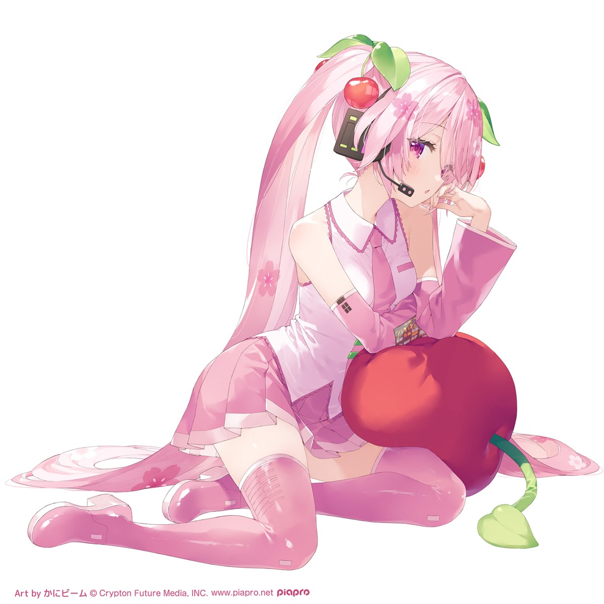 hatsune_miku, headphones, heels, kani_biimu, sakura_miku, skirt_lift, thighhighs, vocaloid