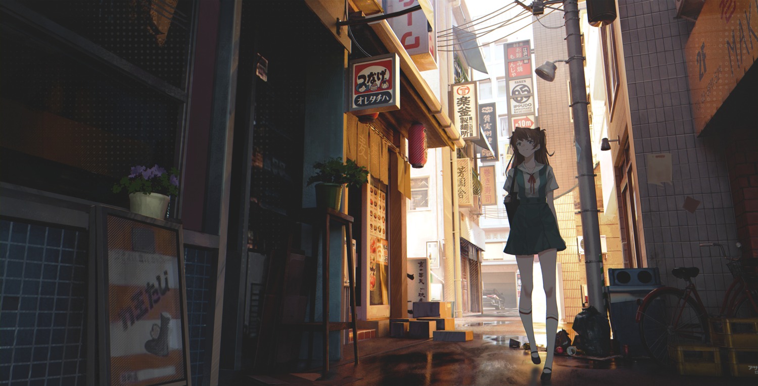 landscape, neon_genesis_evangelion, seifuku, souryuu_asuka_langley, yukkuri