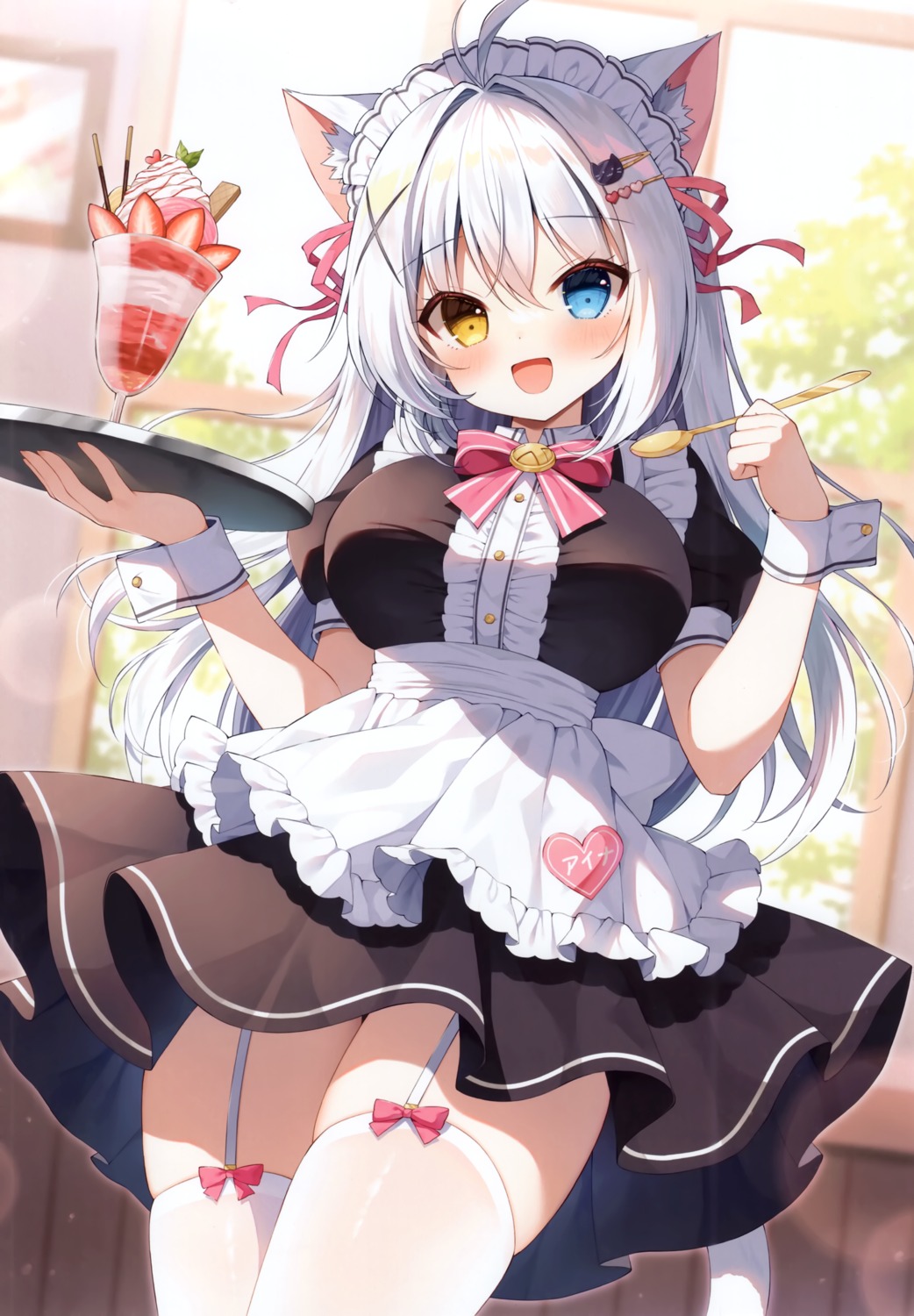 aina_rive, animal_ears, heterochromia, maid, mauve, nekomimi, skirt_lift, stockings, tail, thighhighs, waitress, wata★punch
