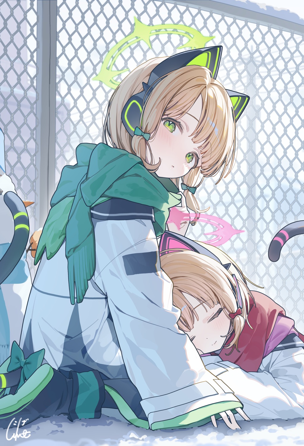 animal_ears, blue_archive, halo, headphones, nekomimi, ningen_mame, saiba_midori, saiba_momoi, seifuku, tail