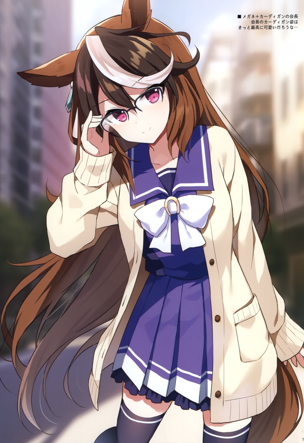 animal_ears, mauve, megane, seifuku, sweater, symboli_rudolf_(umamusume), tail, thighhighs