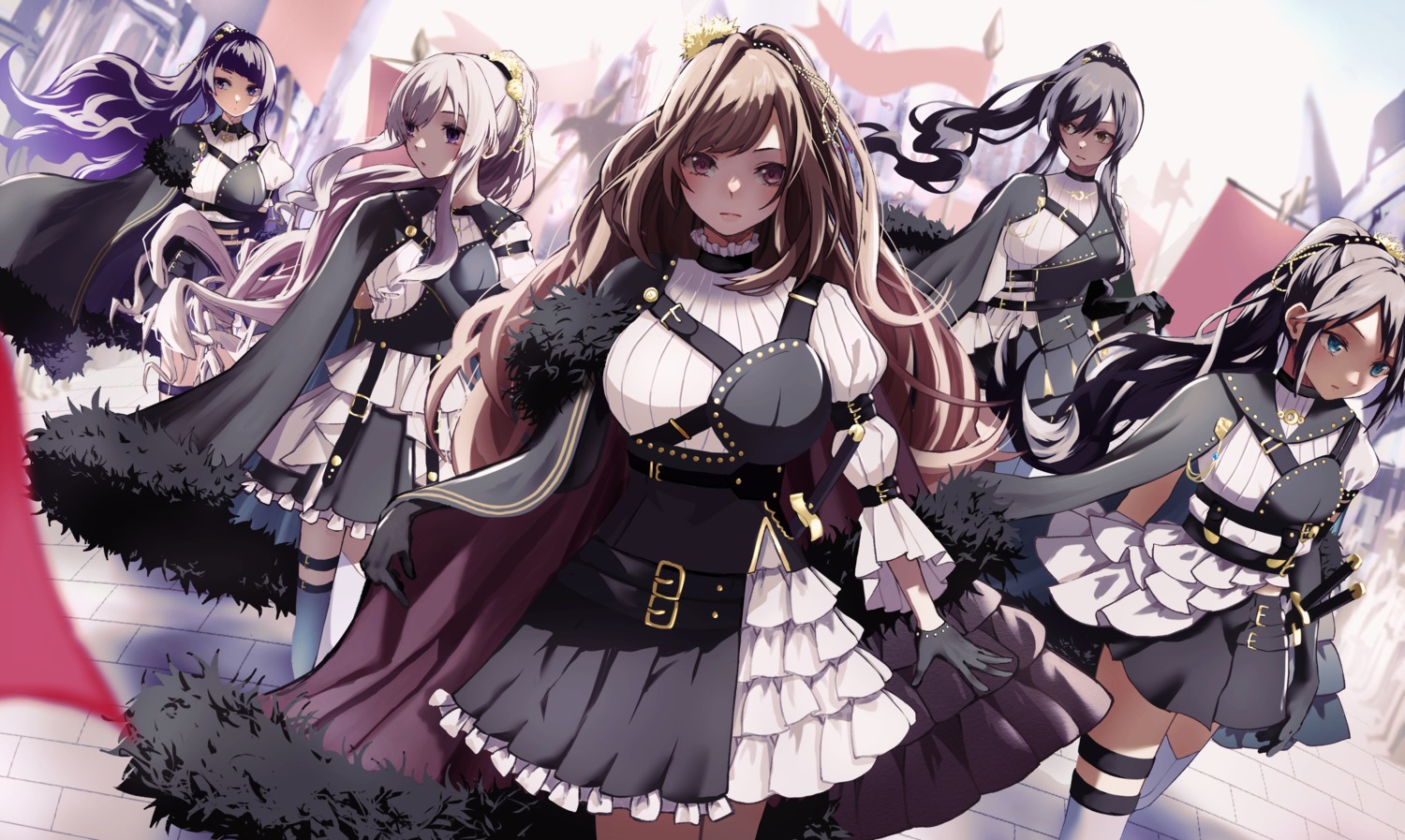garter, lulutaeri, mitsumine_yuika, shirase_sakuya, sword, tanaka_mamimi, the_idolm@ster, the_idolm@ster_shiny_colors, thighhighs, tsukioka_kogane, uniform, yuukoku_kiriko