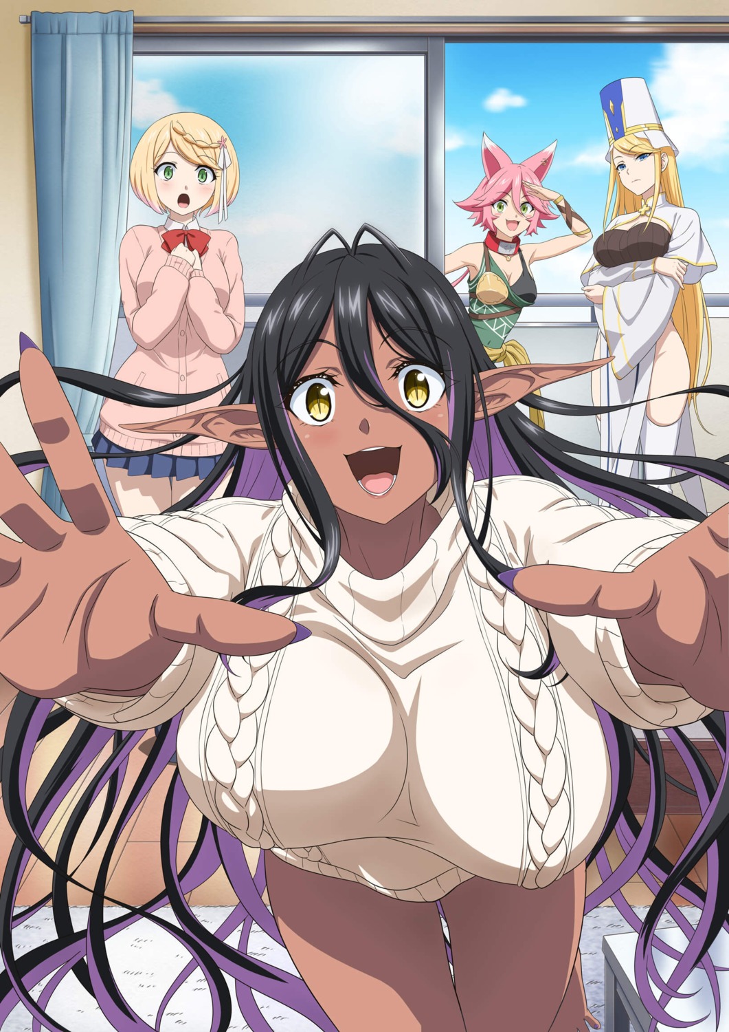 animal_ears, breast_hold, cecile_(aiomodarkelf), chotto_dake_ai_ga_omoi_dark_elf_ga_isekai_kara_oikakete_kita, dress, elf, mariabelle_(aiomodarkelf), mei_(aiomodarkelf), mochida_sakura, nopan, pointy_ears, seifuku, sweater, tagme, thighhighs