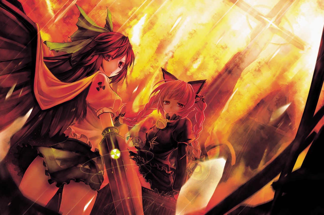 animal_ears, kaenbyou_rin, nekomimi, reiuji_utsuho, scarlet_(studioscr), tail, touhou, wings