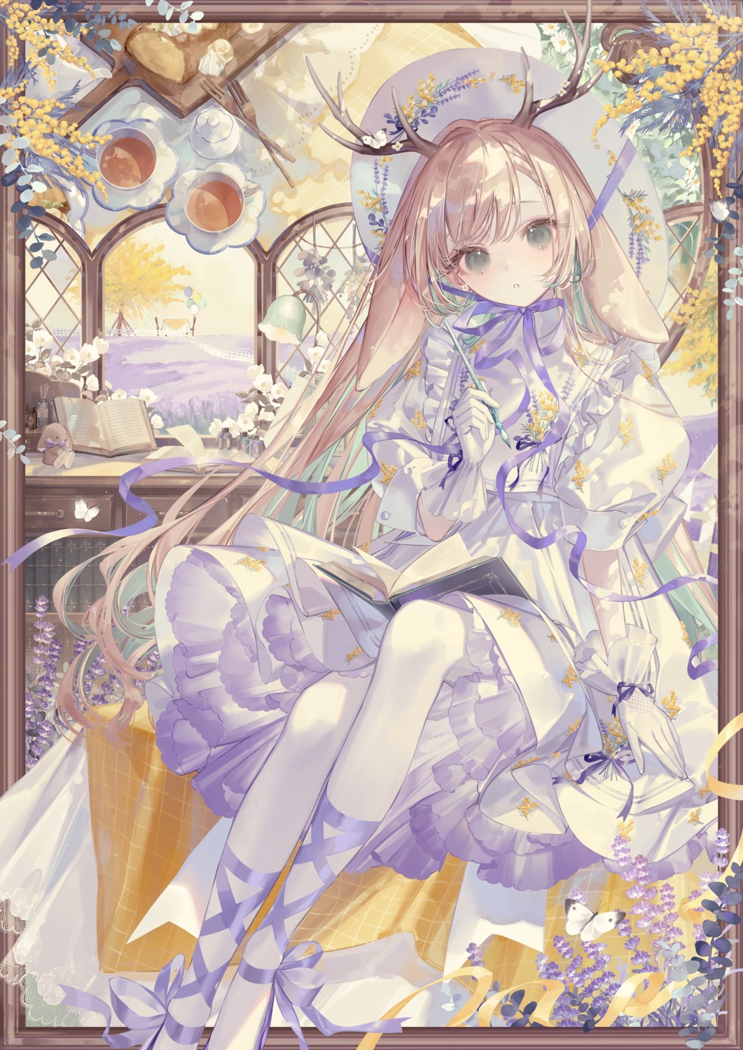 animal_ears, animare, bunny_ears, dress, horns, nanashi_inc., skirt_lift, tsukinoki_tirol