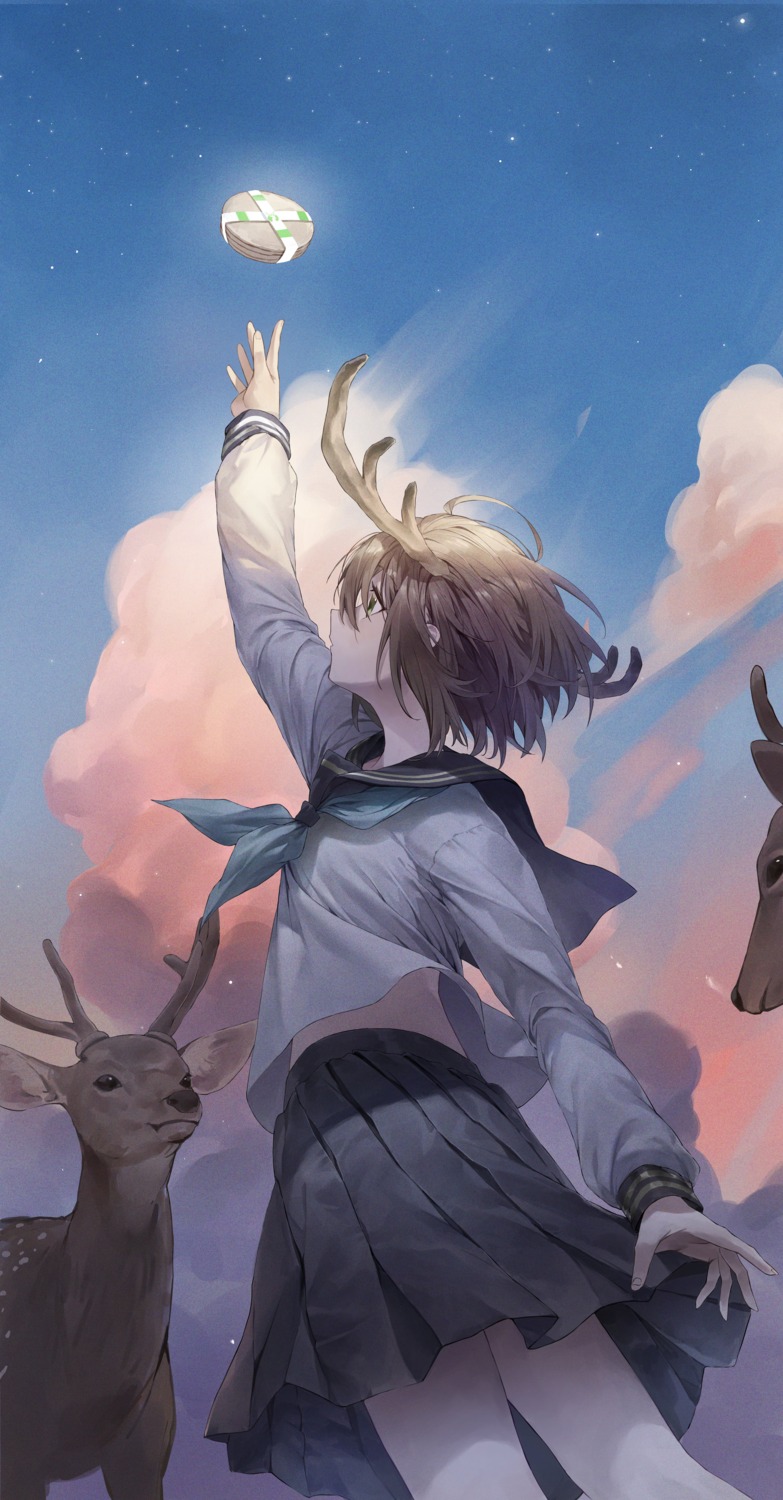 fudepenbrushpen, horns, seifuku, shikanoko_noko, shikanoko_nokonoko_koshitantan, skirt_lift