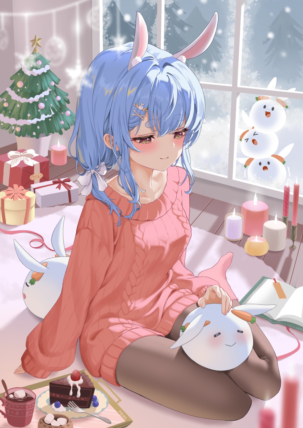 animal_ears, bunny_ears, christmas, genjitsu_pirika, hololive, pantyhose, sweater, usada_pekora