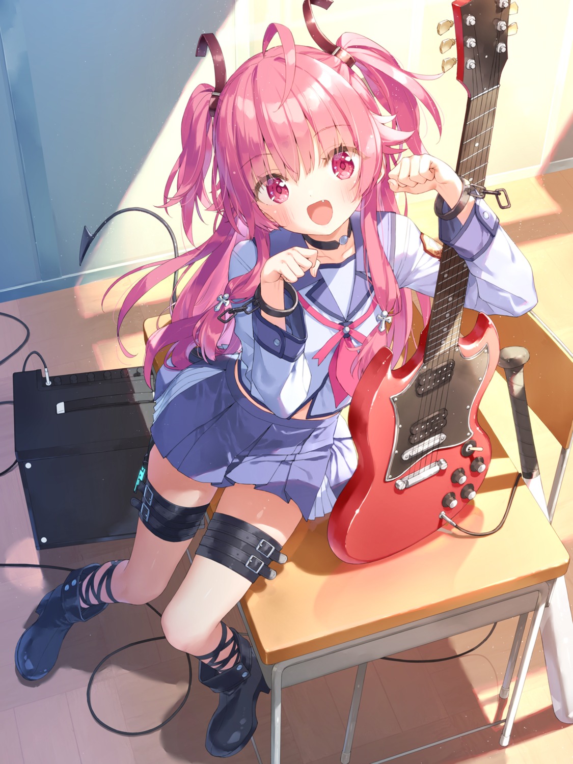 angel_beats!, garter, guitar, heels, kani_biimu, seifuku, tail, yoshioka_yui