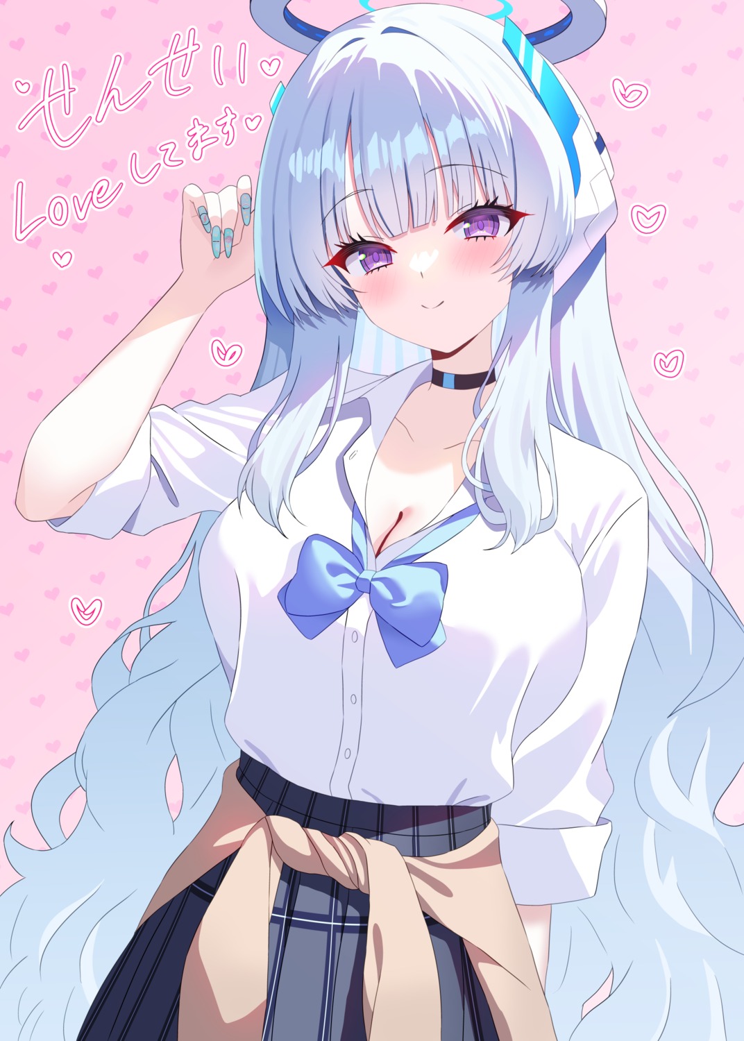 aya-cis, blue_archive, cleavage, halo, open_shirt, seifuku, sweater, ushio_noa