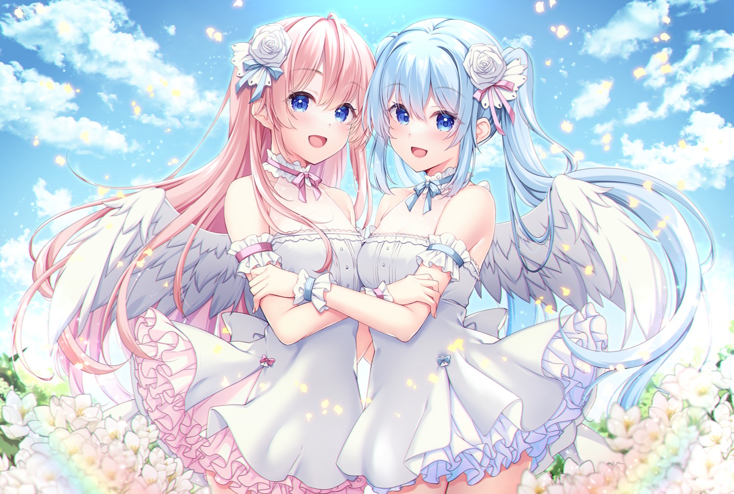 dress, mizukoshi_mayu, no_bra, see_through, skirt_lift, symmetrical_docking, wings, yuri
