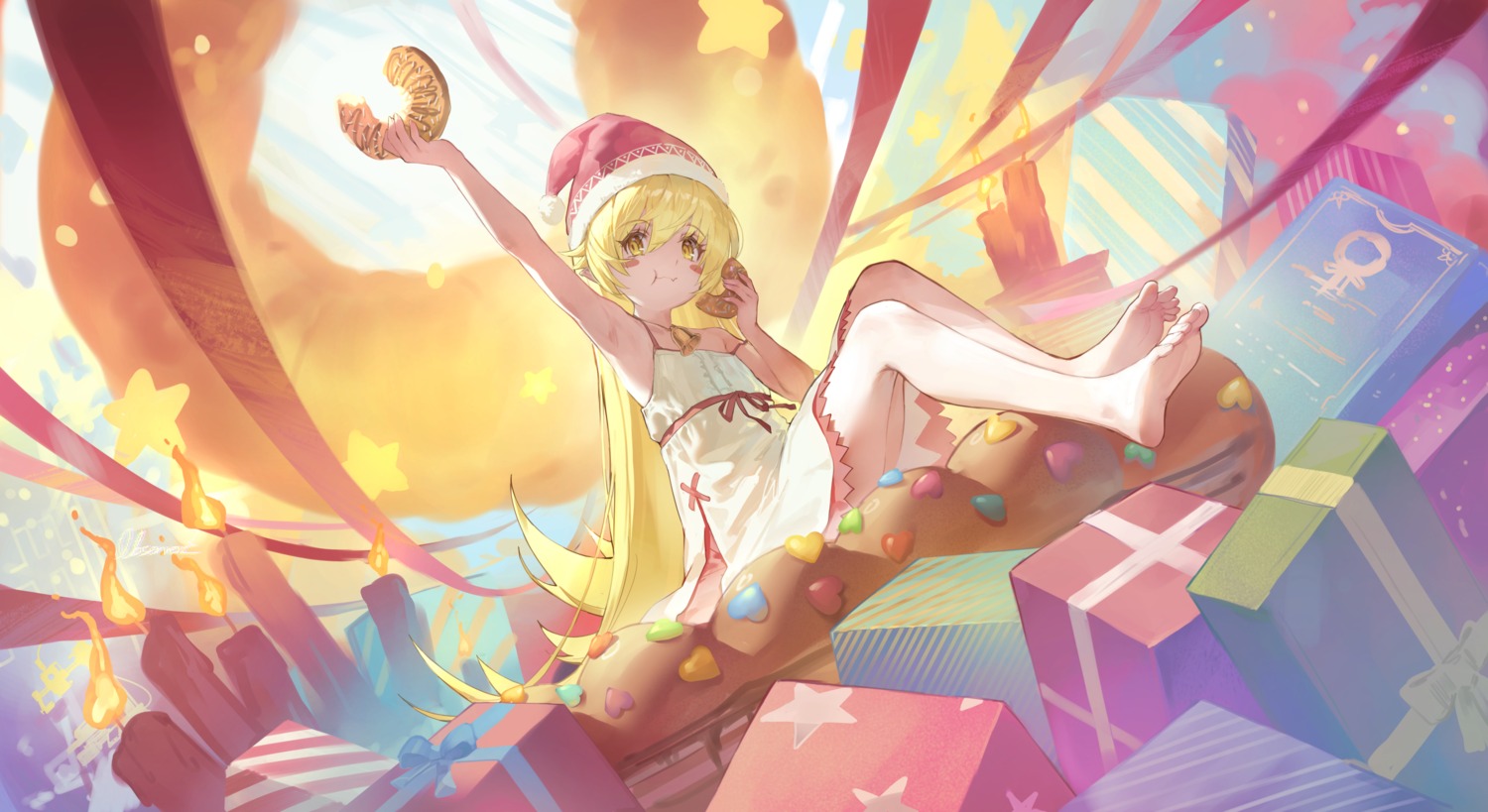 christmas, dress, monogatari_(series), no_bra, observerz, oshino_shinobu, pointy_ears, skirt_lift