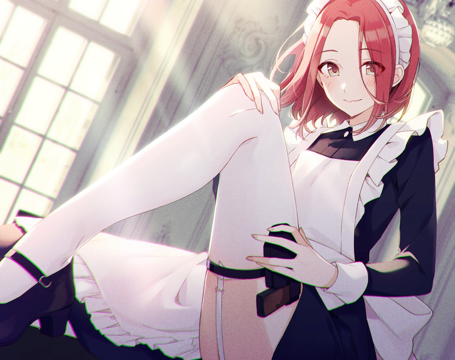 garter, grete_(spy_kyoushitsu), gun, heels, maid, skirt_lift, spy_kyoushitsu, stockings, thighhighs, tomari