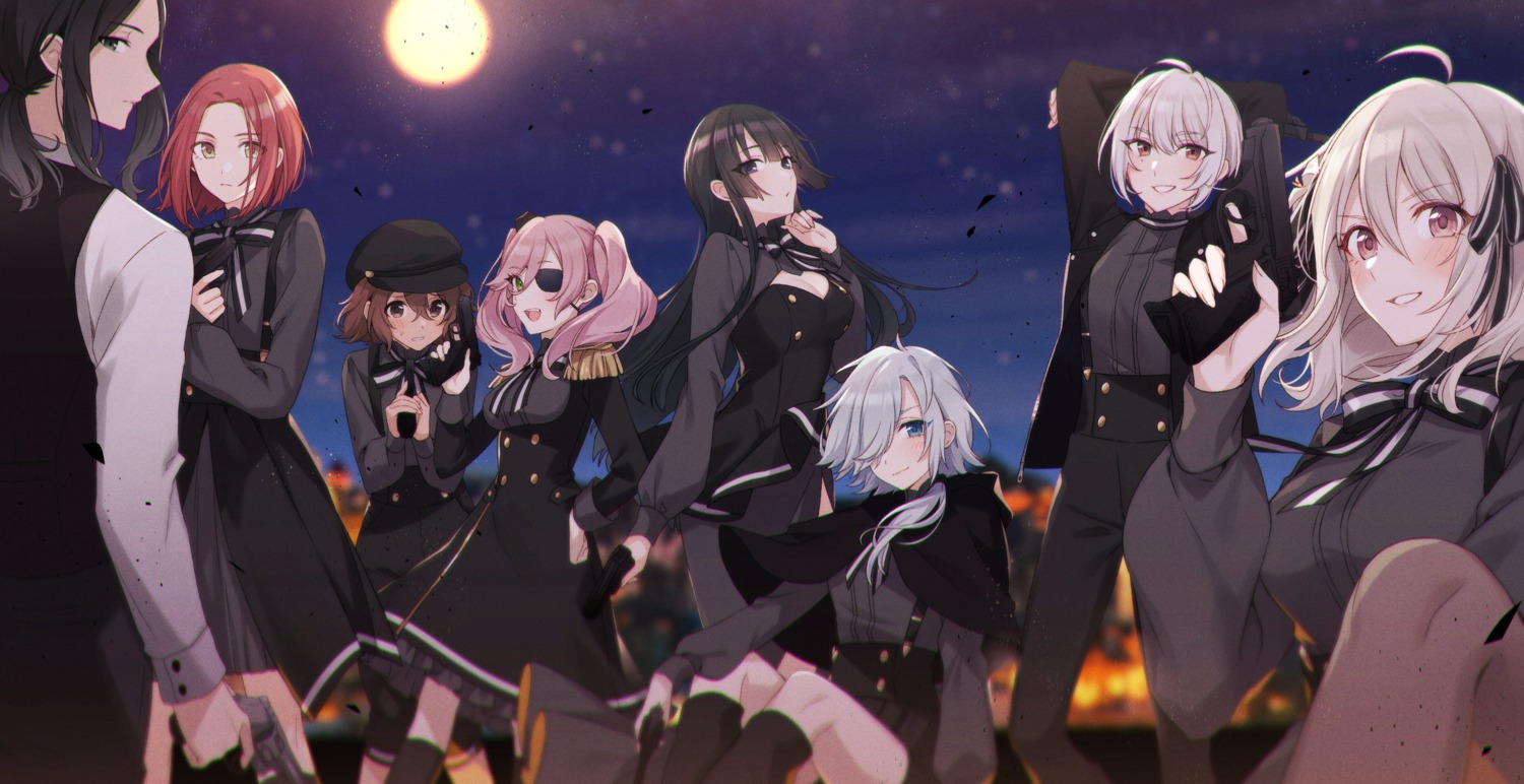 annett_(spy_kyoushitsu), business_suit, cleavage, eyepatch, grete_(spy_kyoushitsu), gun, klaus_(spy_kyoushitsu), lily_(spy_kyoushitsu)
