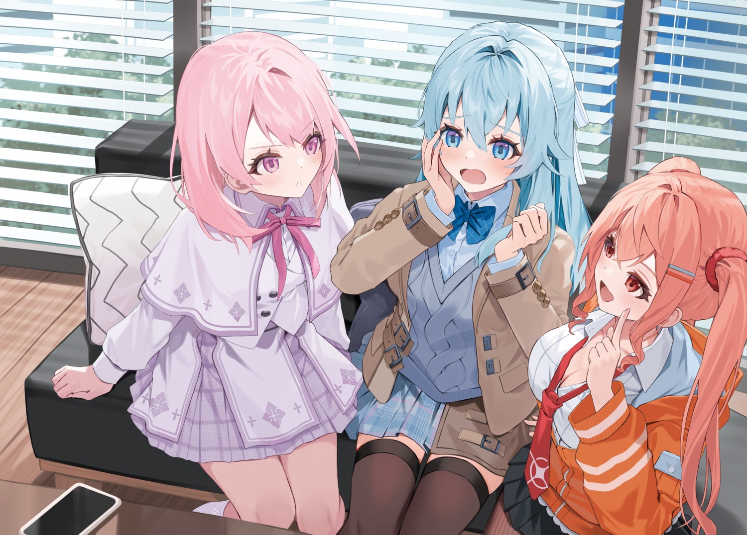 cleavage, motto_(night_wear), open_shirt, pantyhose, seifuku, sweater, thighhighs