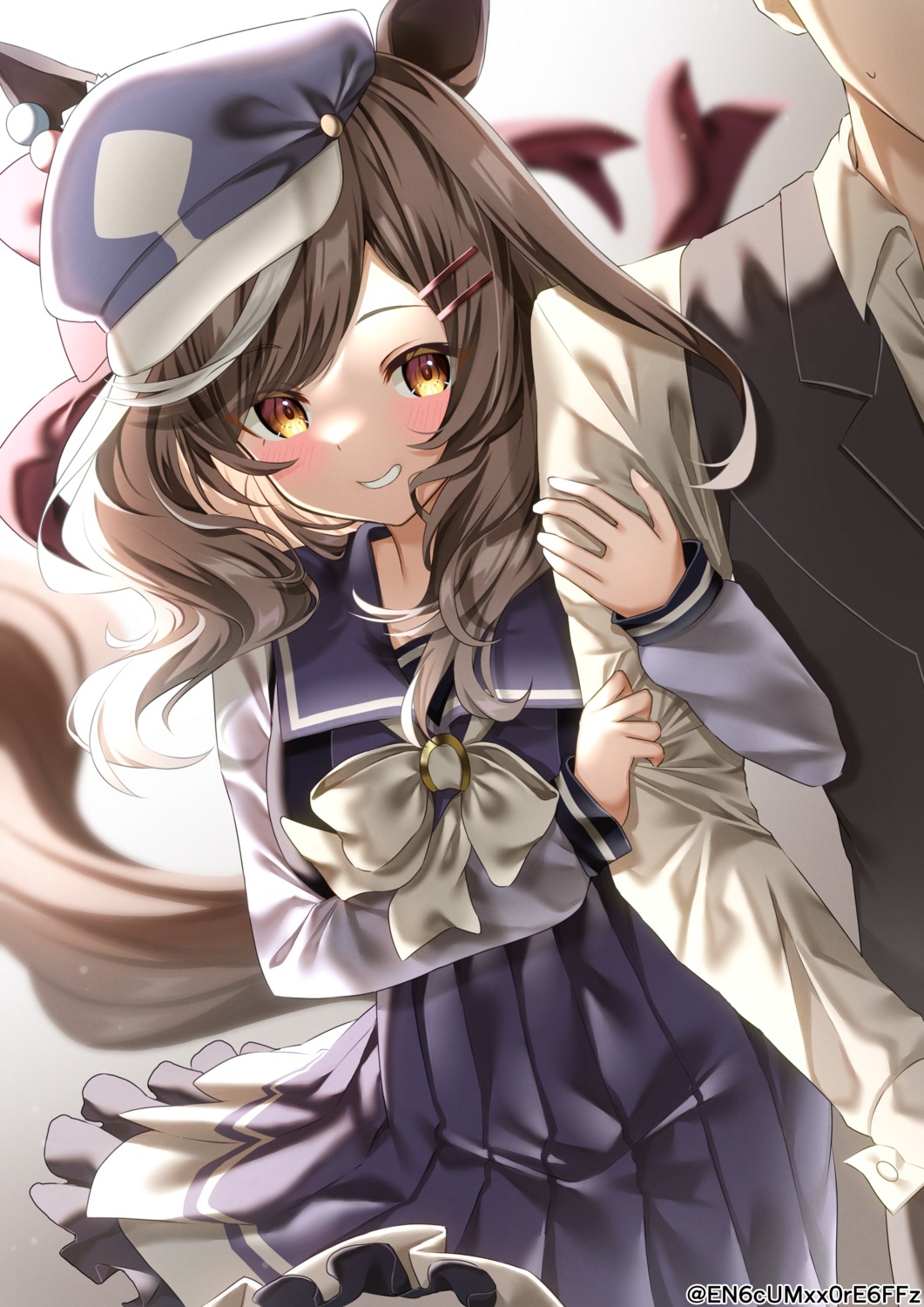 animal_ears, matikane_tannhauser_(umamusume), seifuku, skirt_lift, tail, trainer_(umamusume), uma_musume_pretty_derby, yamano_rokamizu