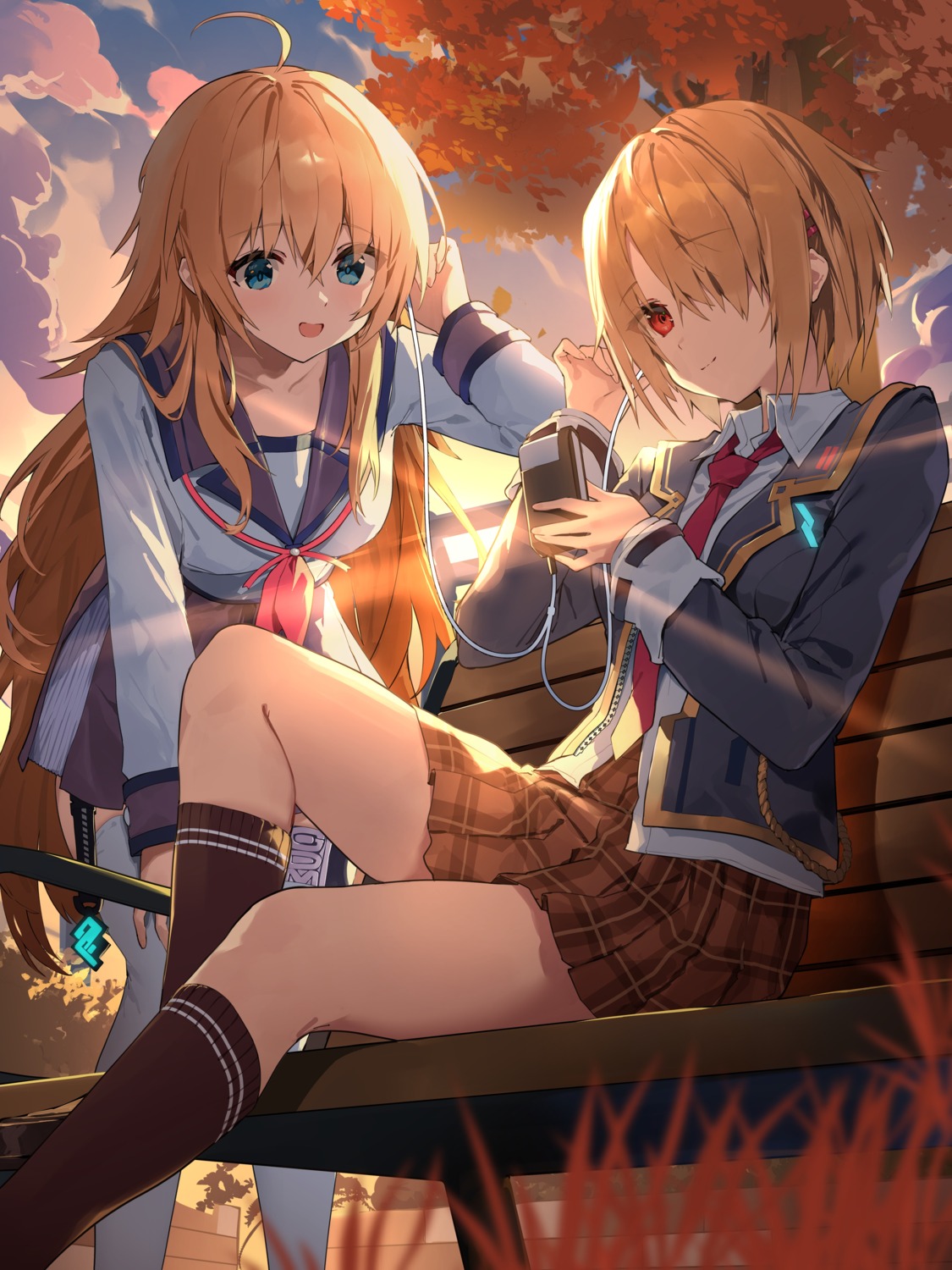 amagasa_yun, angel_beats!, crossover, heaven_burns_red, kayamori_ruka, seifuku, sekine_shiori, skirt_lift