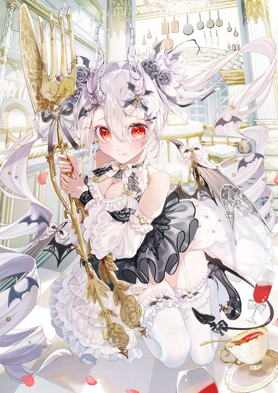 cleavage, devil, horns, negimapurinn, pointy_ears, stockings, tail, thighhighs