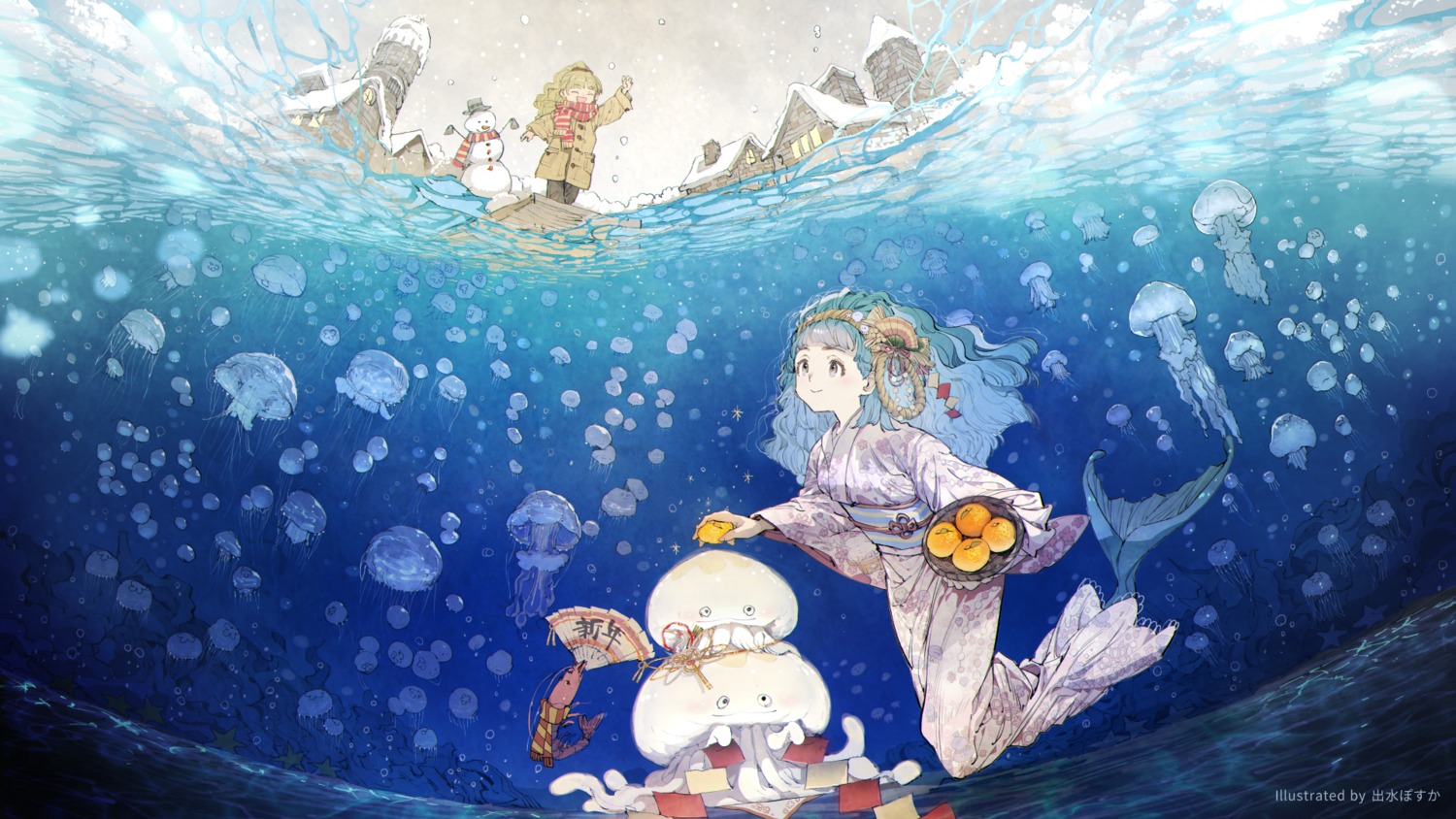 demizu_posuka, kimono, mermaid, monster_girl, tail, wallpaper, wet