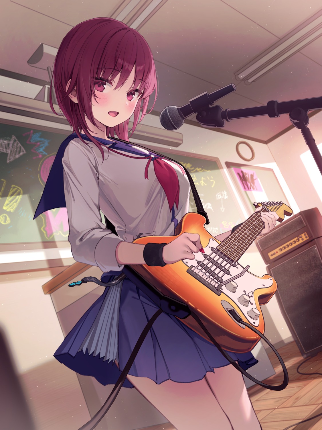 angel_beats!, guitar, iwasawa_masami, ran9u, seifuku, skirt_lift
