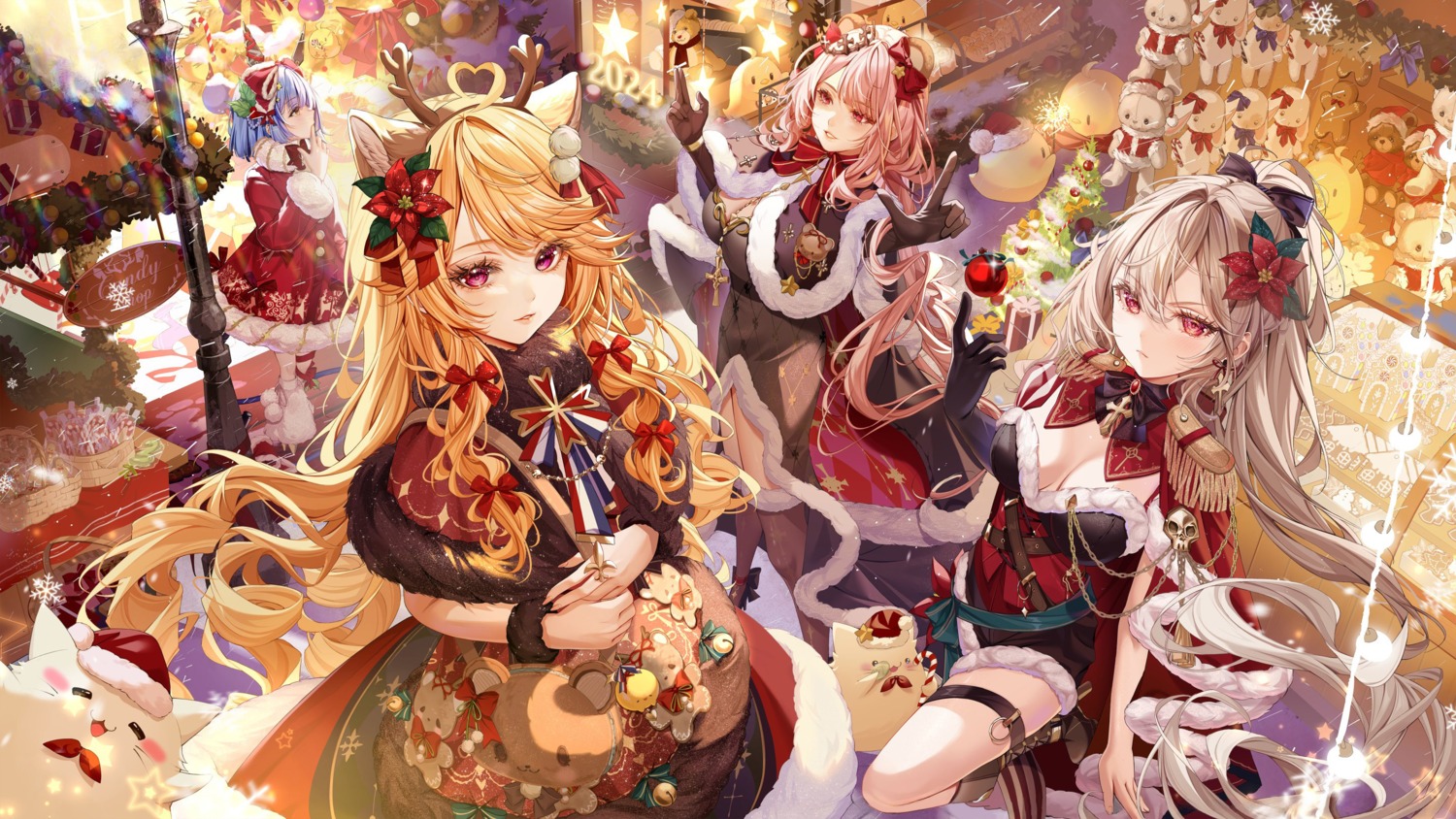 animal_ears, azur_lane, christmas, clemenceau_(azur_lane), detexted, dress, garter, gascogne_(azur_lane)