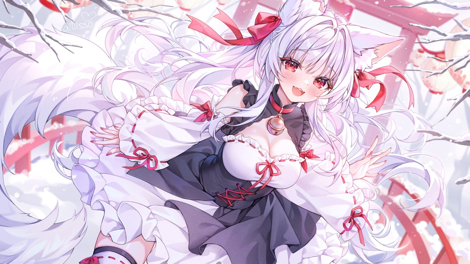 alllisso, animal_ears, indie_virtual_youtuber, kitsune, may_kitsune, no_bra, tail, thighhighs, wallpaper