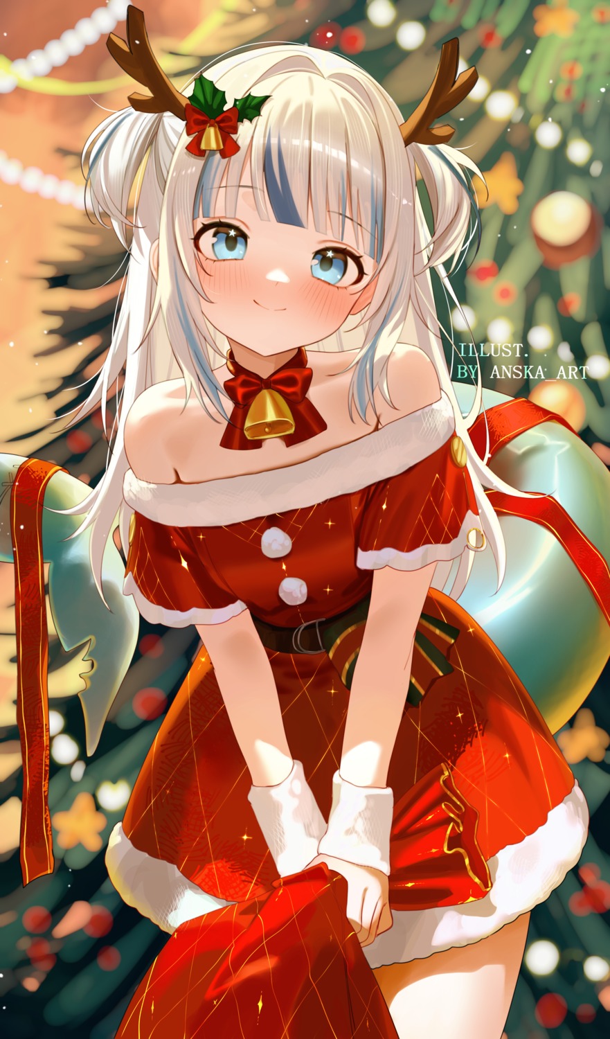christmas, dress, gawr_gura, hololive, hololive_english, horns, no_bra, pantsu_shot