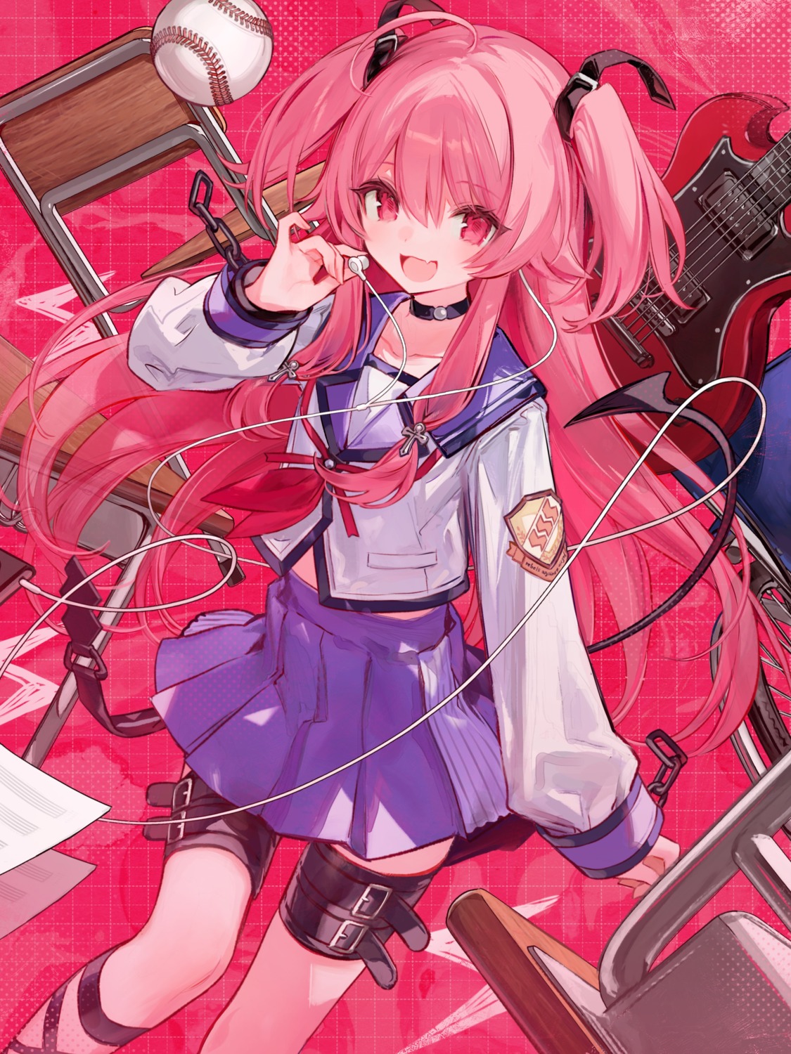 angel_beats!, baseball, chocoan, garter, guitar, seifuku, tail, yoshioka_yui