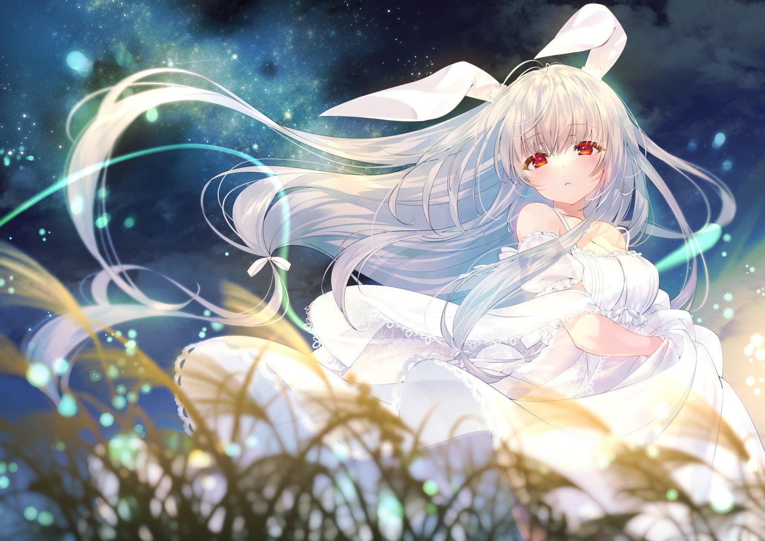 animal_ears, bunny_ears, dress, no_bra, see_through, shouna_mitsuishi, skirt_lift, summer_dress