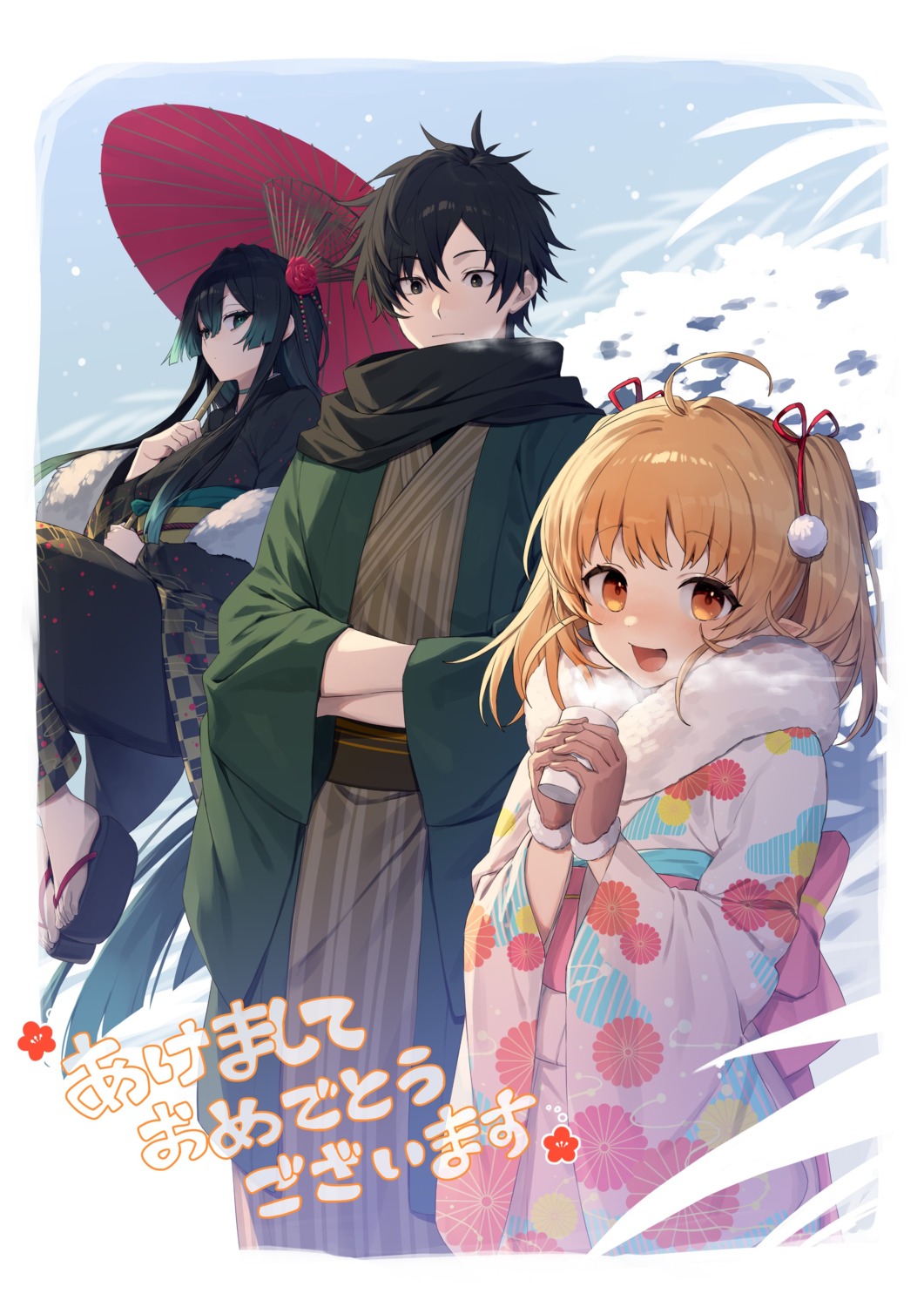 carmilla_(yamihealer), daburyuu, elf, isshun_de_chiryou_shiteitanoni_yakudatazu_to_tsuihou_sareta_tensai_chiyushi_yami_healer_toshite_tanoshiku_ikiru, kimono, lily_(yamihealer), pointy_ears, sake