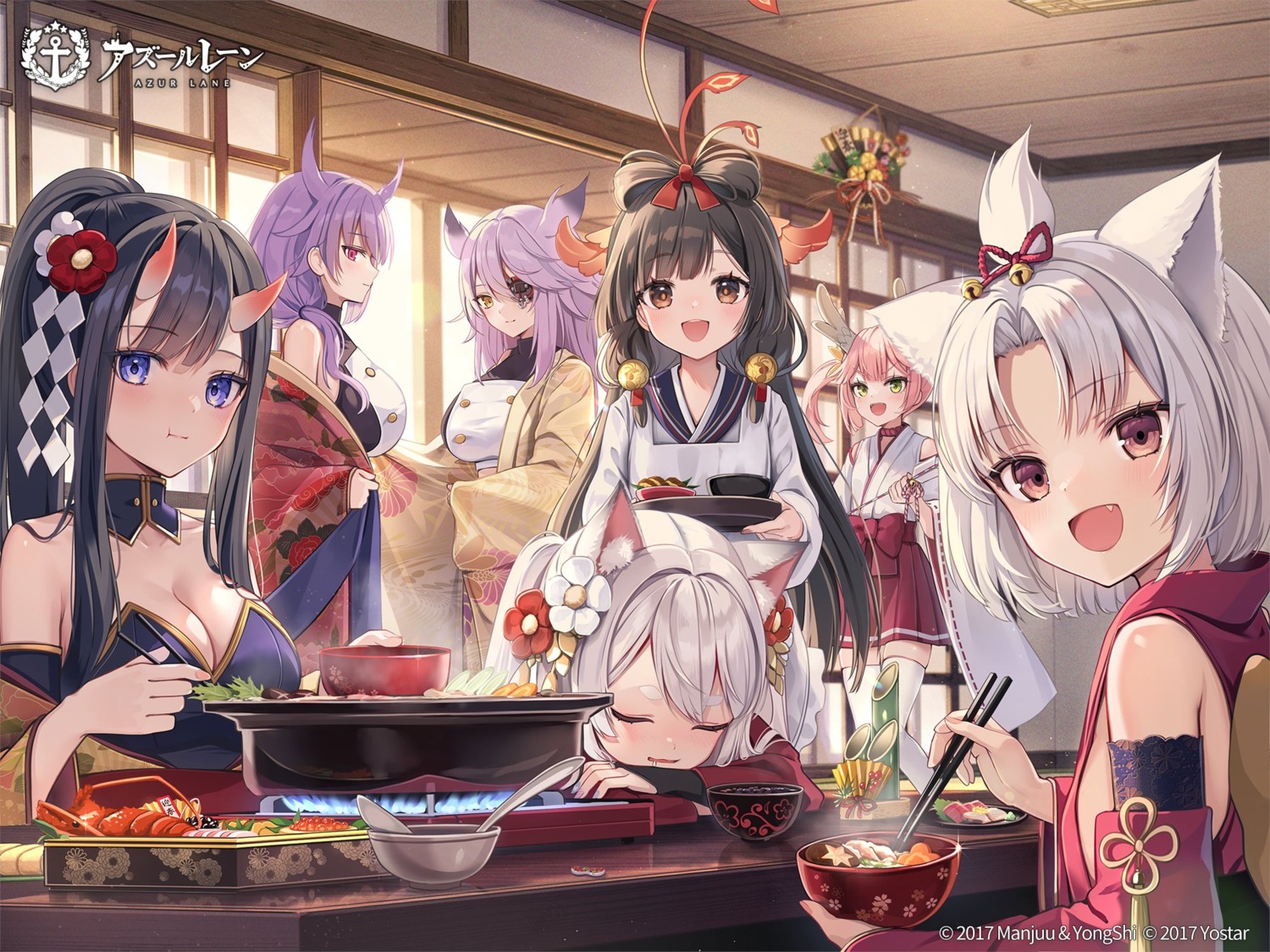 animal_ears, azur_lane, eyepatch, hiryuu_(azur_lane), horns, japanese_clothes, junyou_(azur_lane), miko