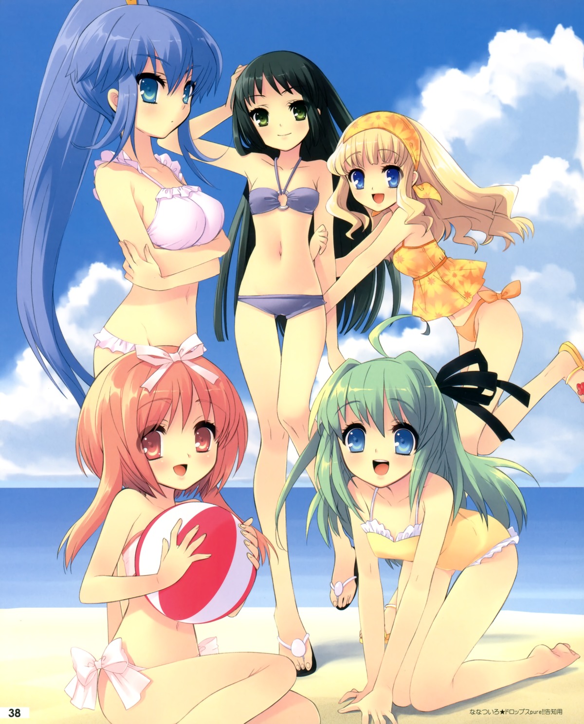akihime_sumomo, bikini, breast_hold, ito_noizi, koiwai_flora, nanatsuiro_drops, satsuki_julirsia, swimsuits