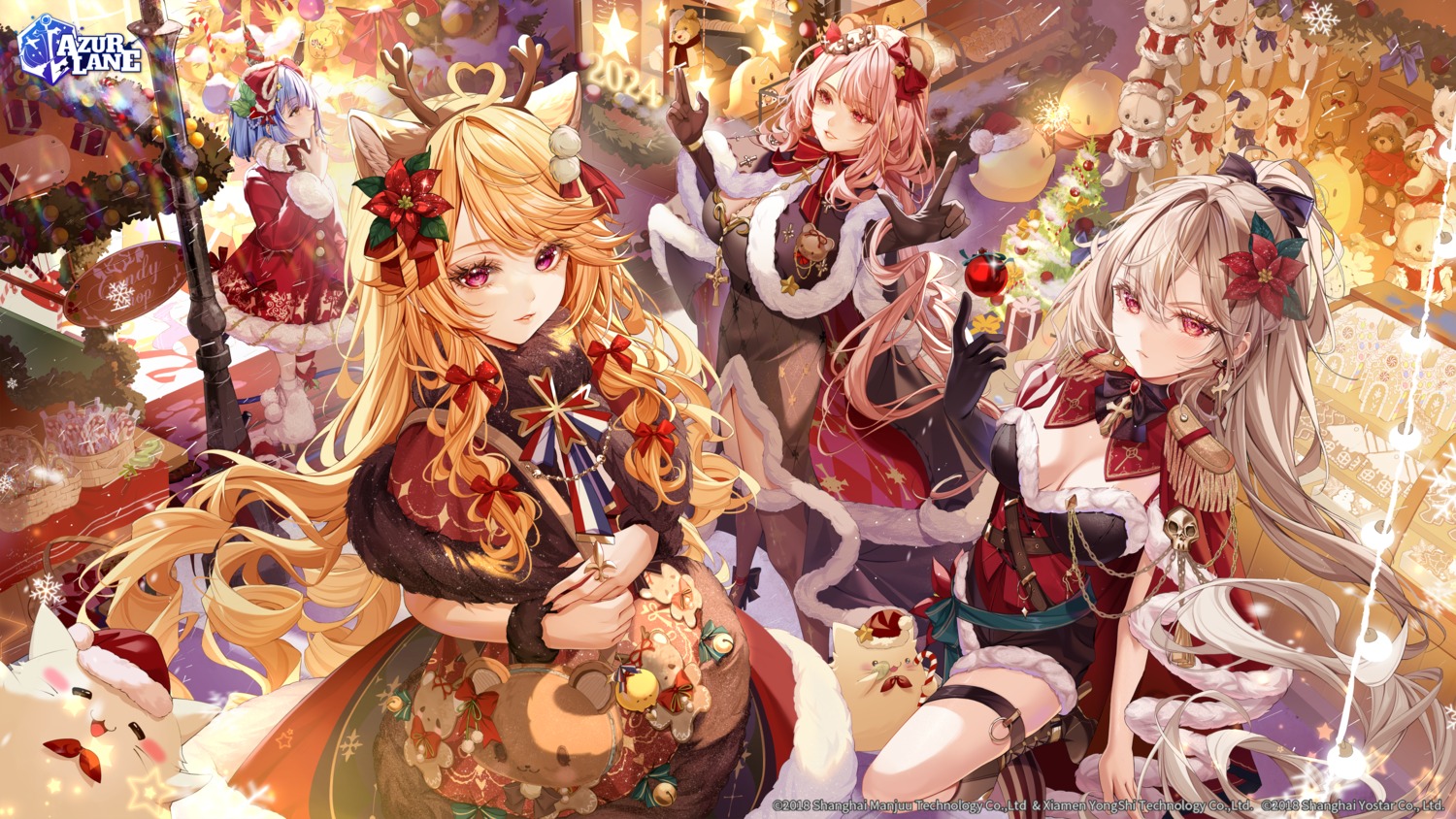 animal_ears, azur_lane, christmas, clemenceau_(azur_lane), dress, garter, gascogne_(azur_lane), horns