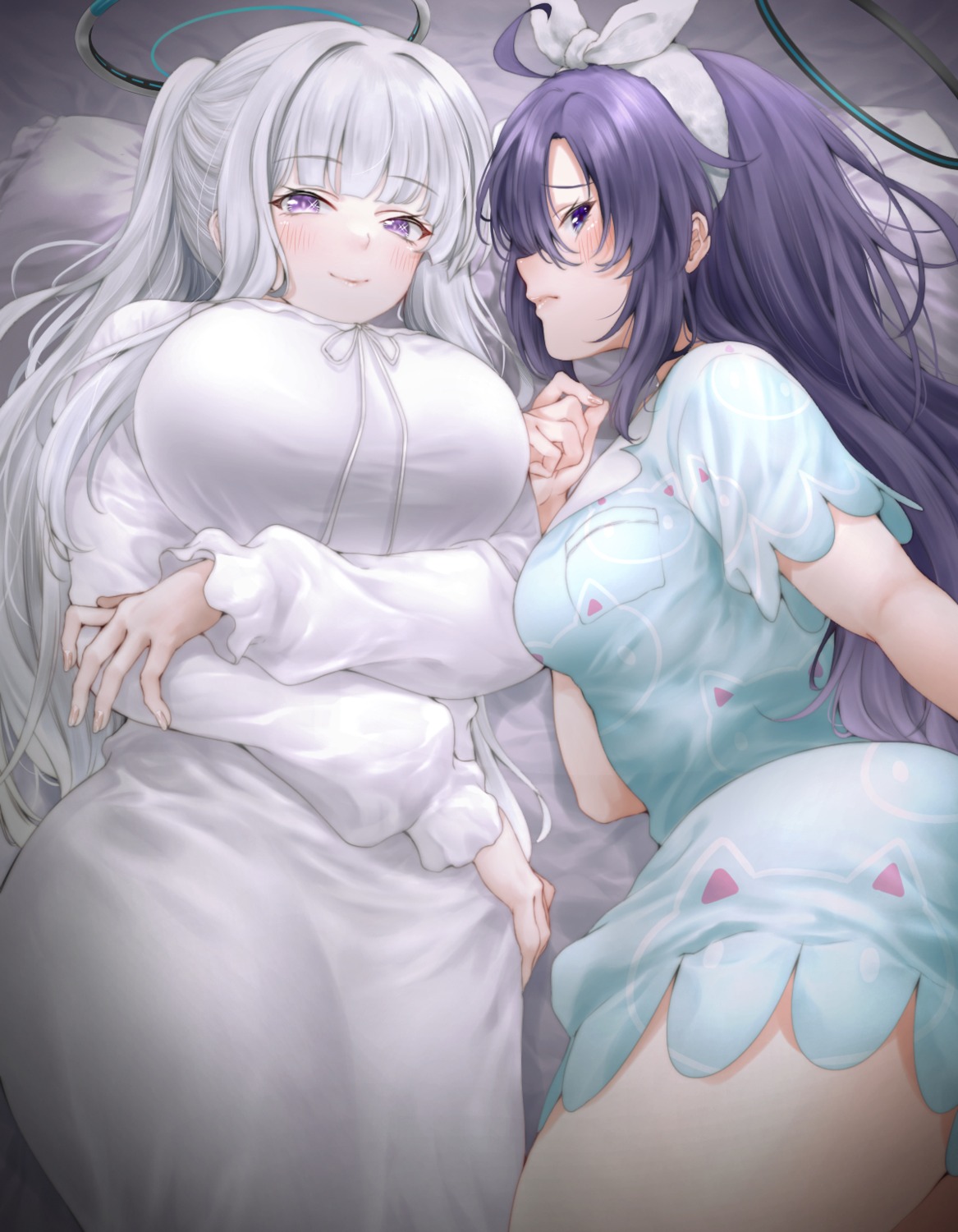 blue_archive, halo, hayase_yuuka, pajama, red_hayao, ushio_noa