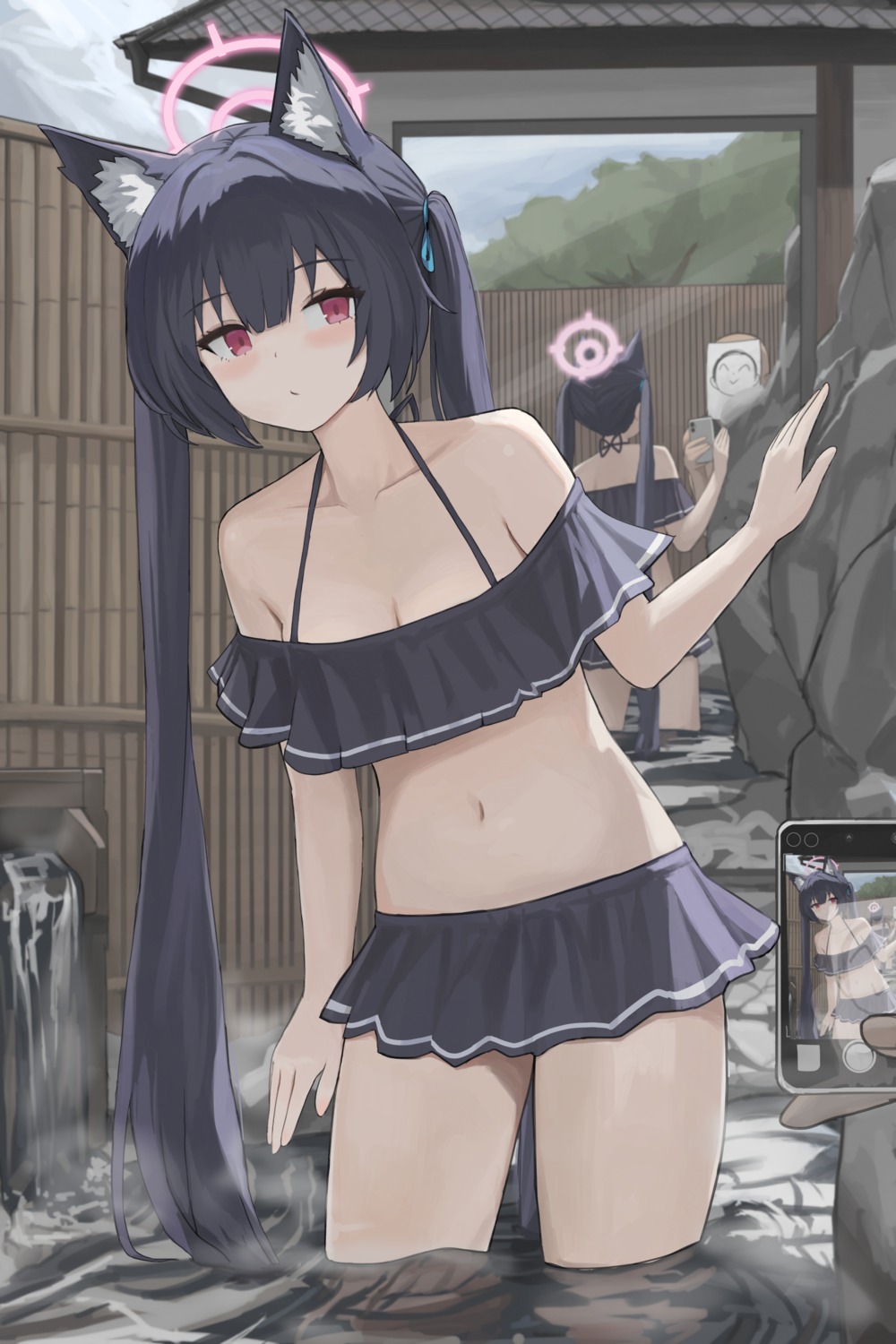 animal_ears, bikini, blue_archive, dolri, halo, kuromi_serika, nekomimi, onsen, swimsuits, wet