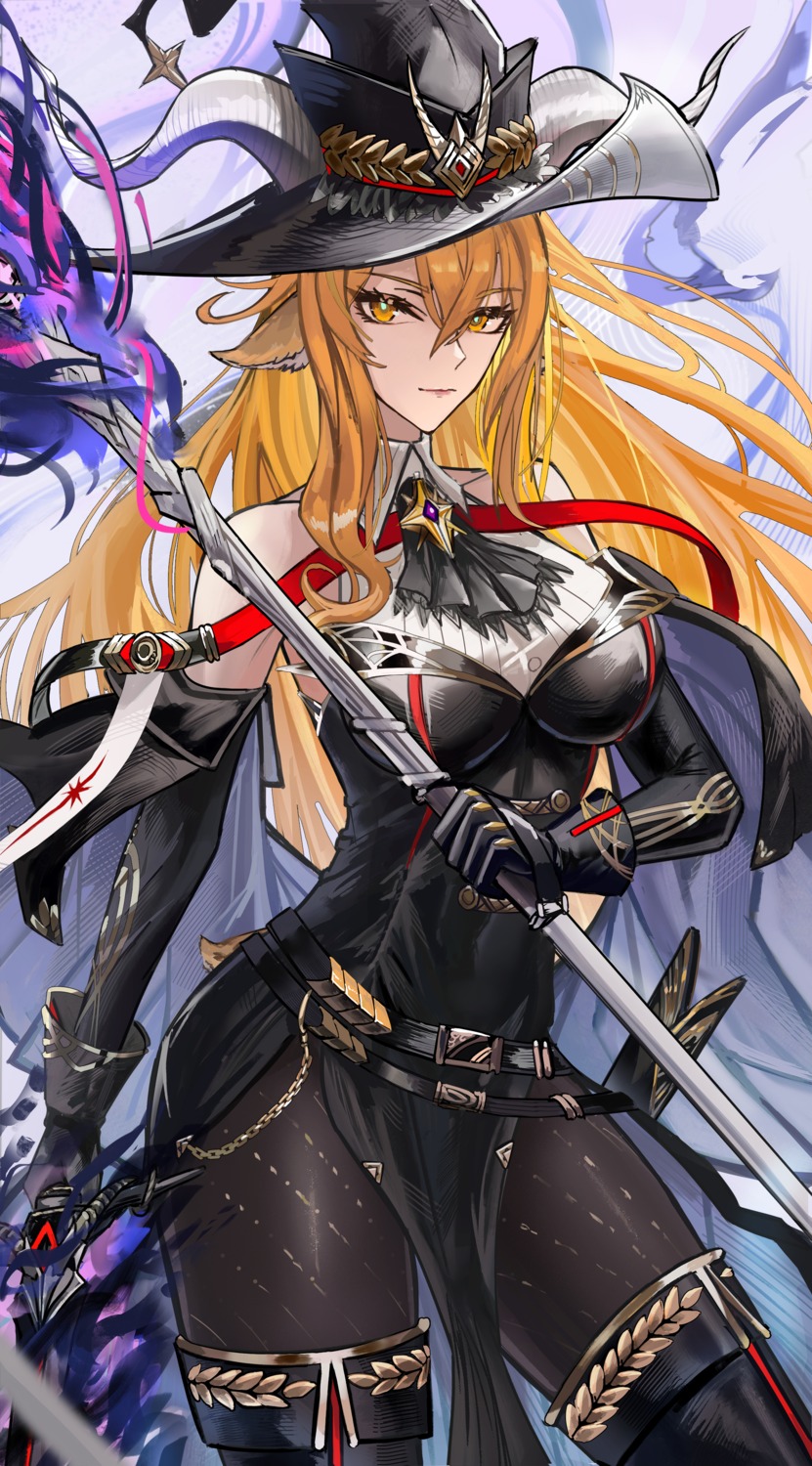 animal_ears, arknights, degenbrecher_(arknights), horns, jineg, pantyhose, sword, tail