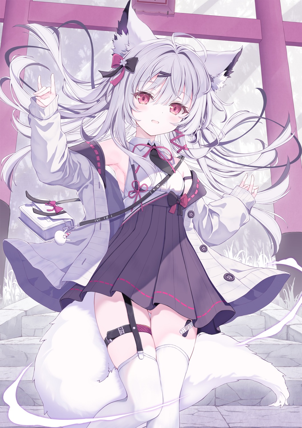 animal_ears, bandaid, garter, japanese_clothes, kitsune, stockings, sweater, tail