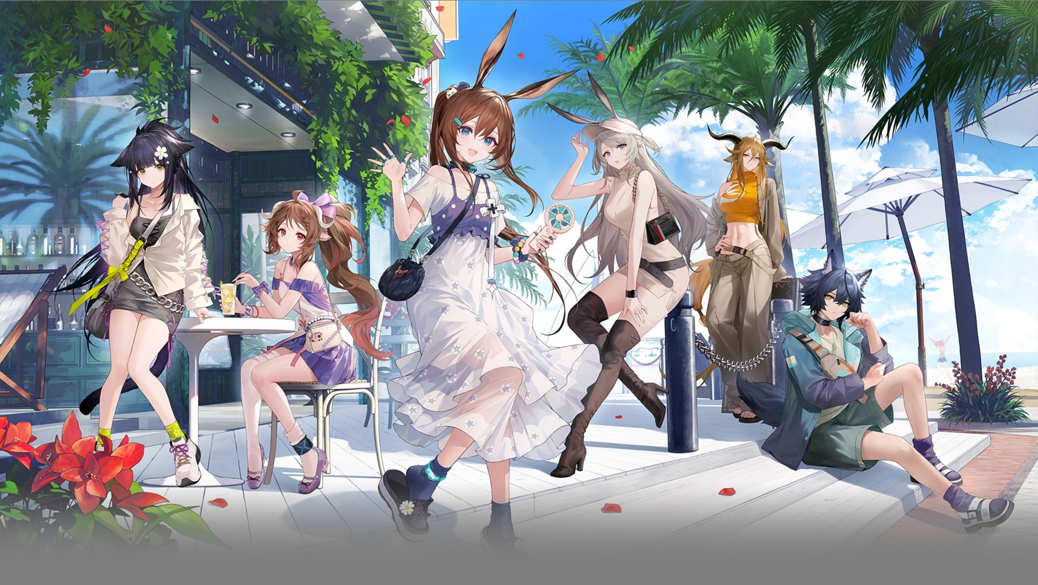 amiya_(arknights), animal_ears, arknights, bunny_ears, degenbrecher_(arknights), dress, eyjafjalla_(arknights), heels