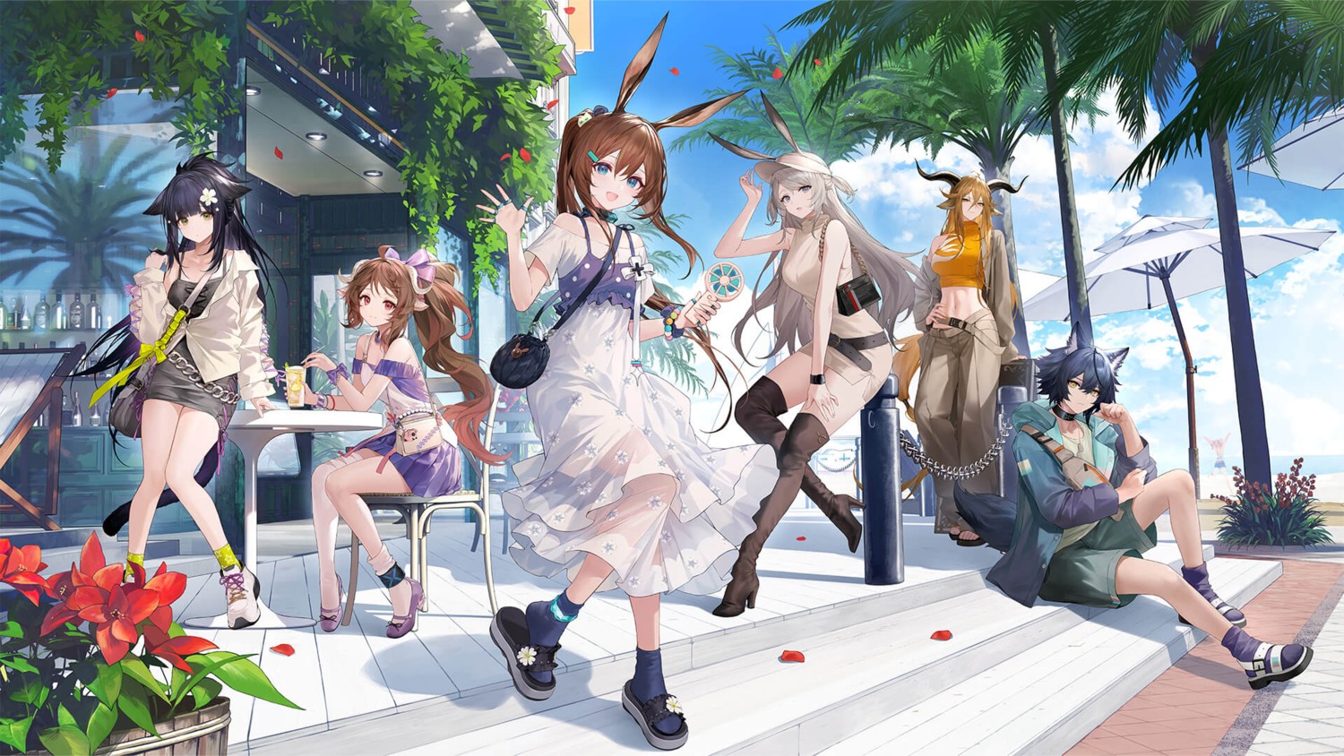 amiya_(arknights), animal_ears, arknights, bunny_ears, degenbrecher_(arknights), dress, eyjafjalla_(arknights), heels