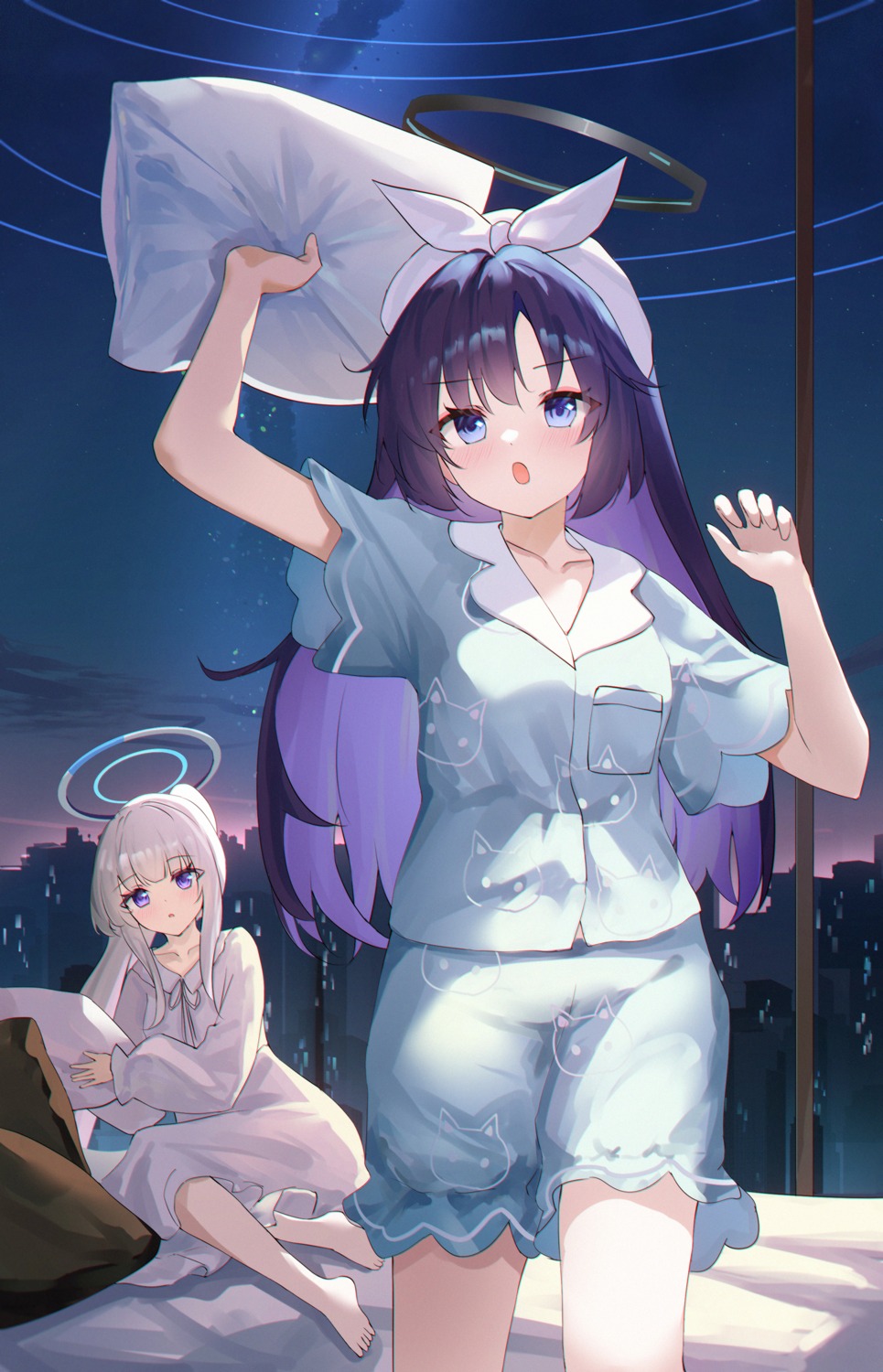 blue_archive, halo, hayase_yuuka, pajama, usagi_(786113654), ushio_noa