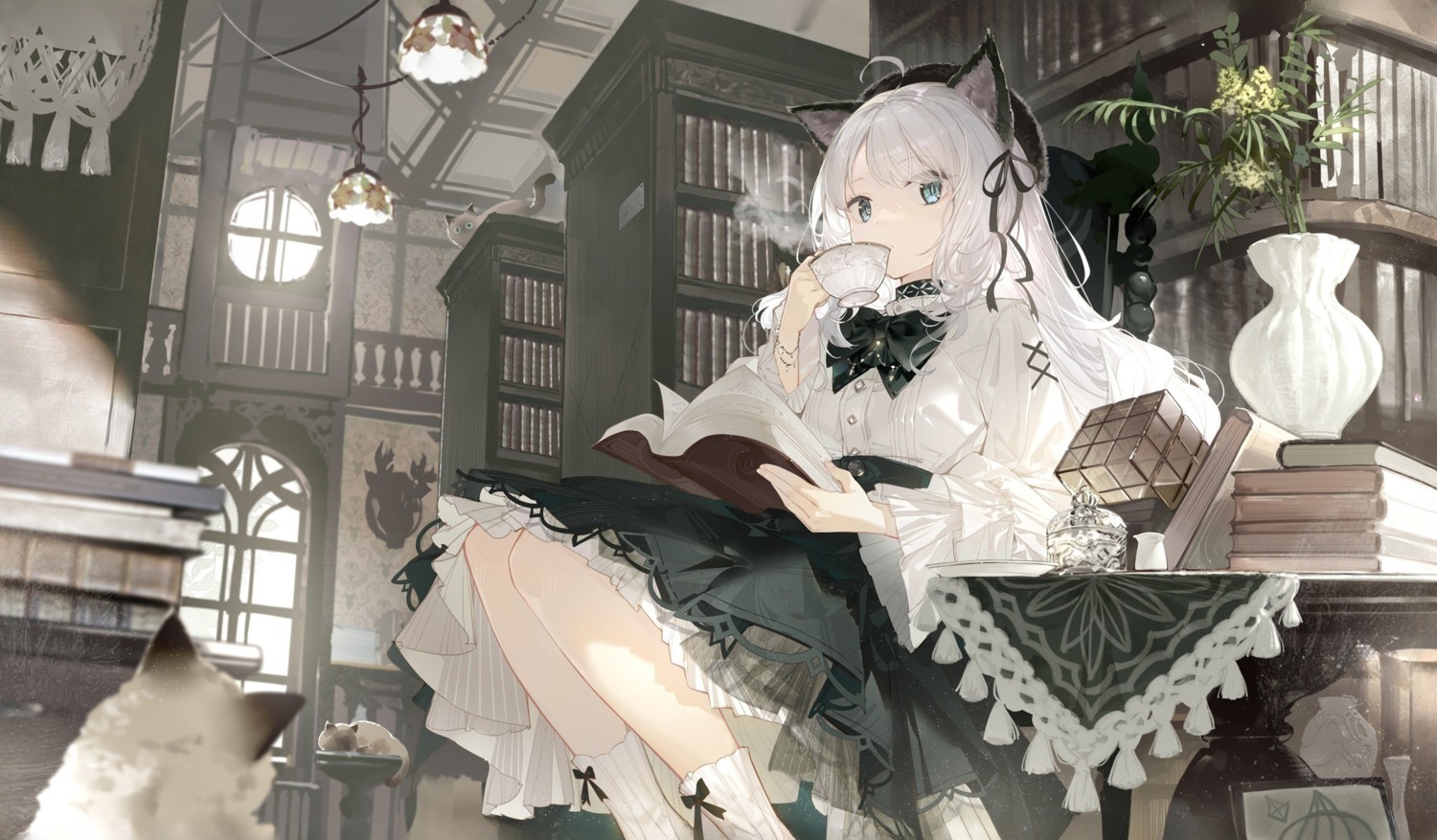 animal_ears, arknights, detexted, gothic_lolita, lf, lolita_fashion, mint_(arknights), neko